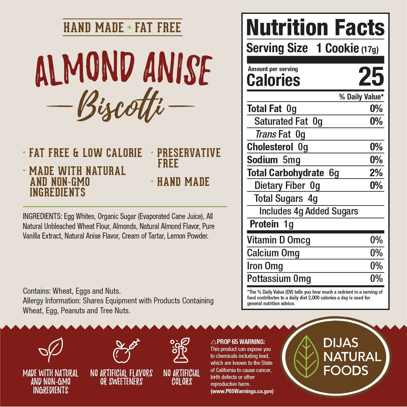 Dijas Natural Foods, Fat Free Biscotti Cookie, All Natural Preservative Free Ingredients, Delicious Low Calorie Snack (12 Oz, Almond Anise)