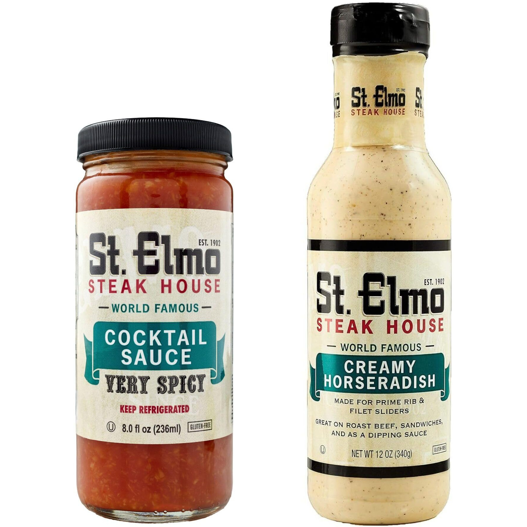 St. Elmo Cocktail Sauce (8 Fl Oz) And Creamy Horseradish (12 Fl Oz) Bundle, Extra Spicy Combo For Steak And Seafood, World Famouse