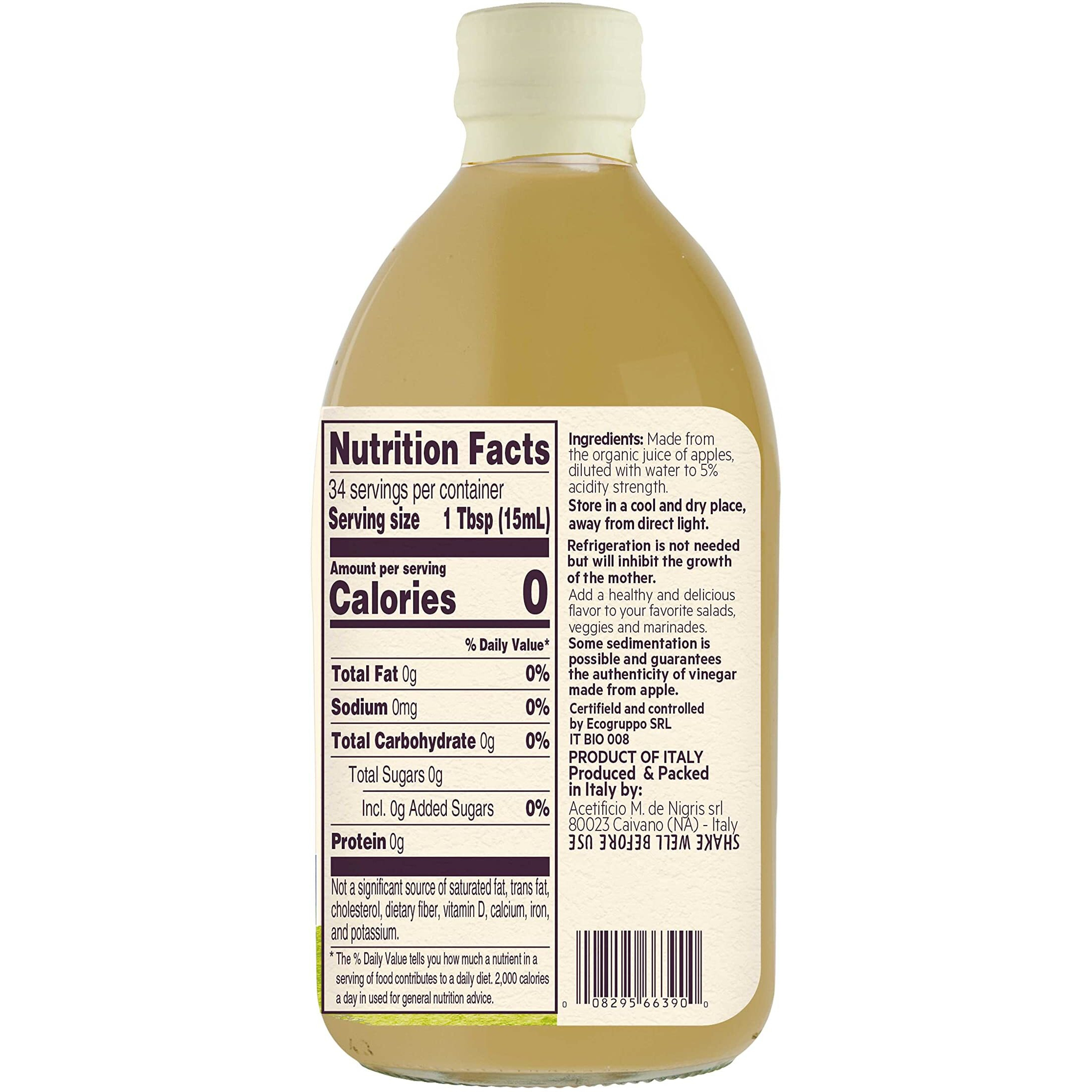 De Nigris Organic Apple Cider Vinegar Raw & Unfiltered 16,9 Oz (500Ml) | Apple Cider Vinegar With Mother A Source Of Functional Elements For The Balance Of Metabolism | Apple Cider Vinegar Organic