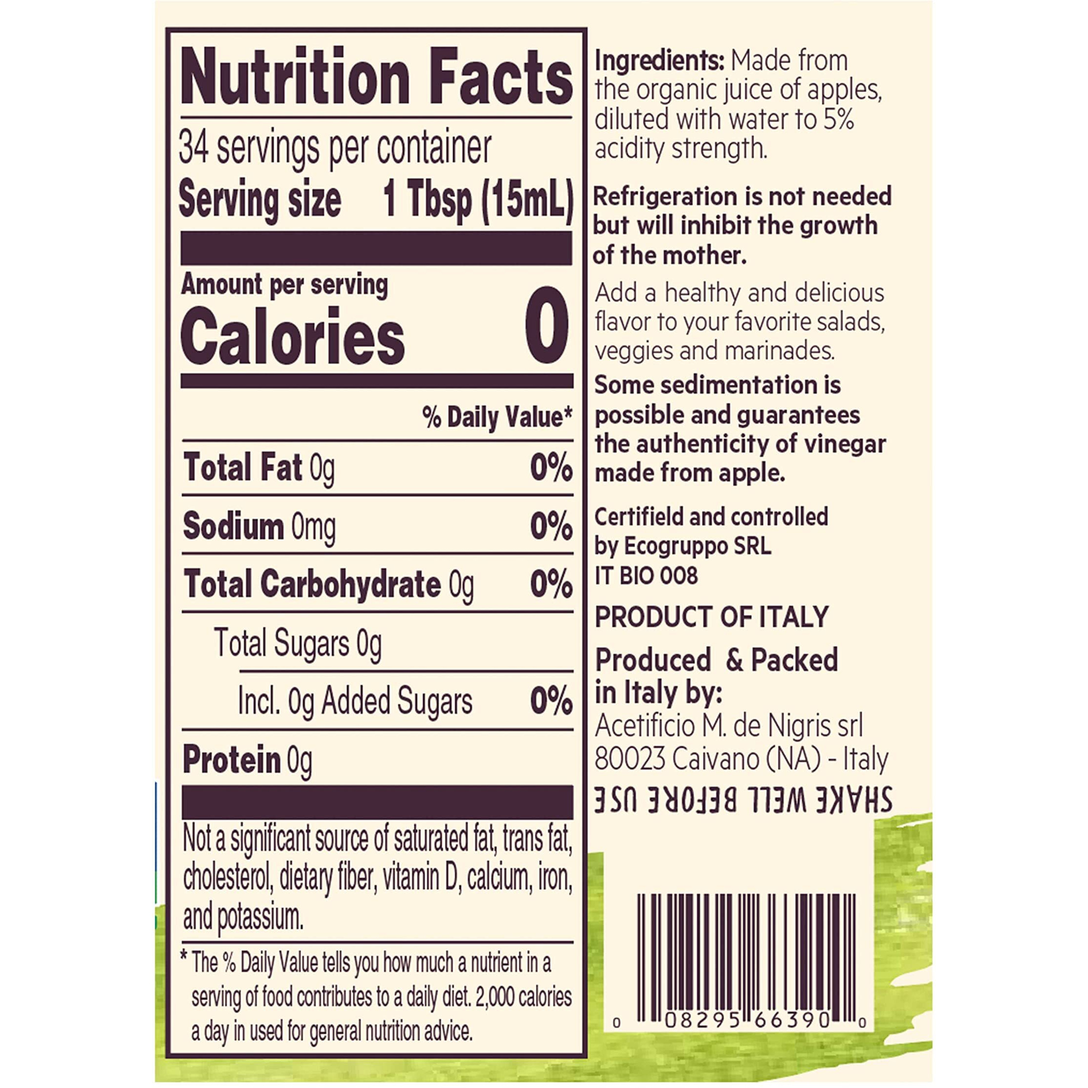 De Nigris Organic Apple Cider Vinegar Raw & Unfiltered 16,9 Oz (500Ml) | Apple Cider Vinegar With Mother A Source Of Functional Elements For The Balance Of Metabolism | Apple Cider Vinegar Organic