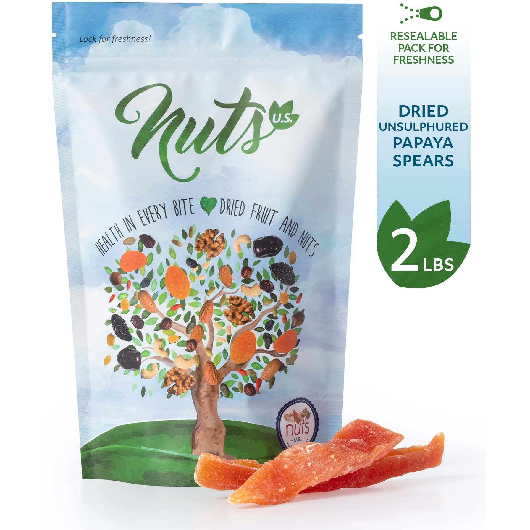 Nuts U.S. - Dried Papaya Spears (Unsulphured) | Low Sugar. Lightly Sugar Coated | No Color Added | Packed In A Resealable Bag (2 Lbs)