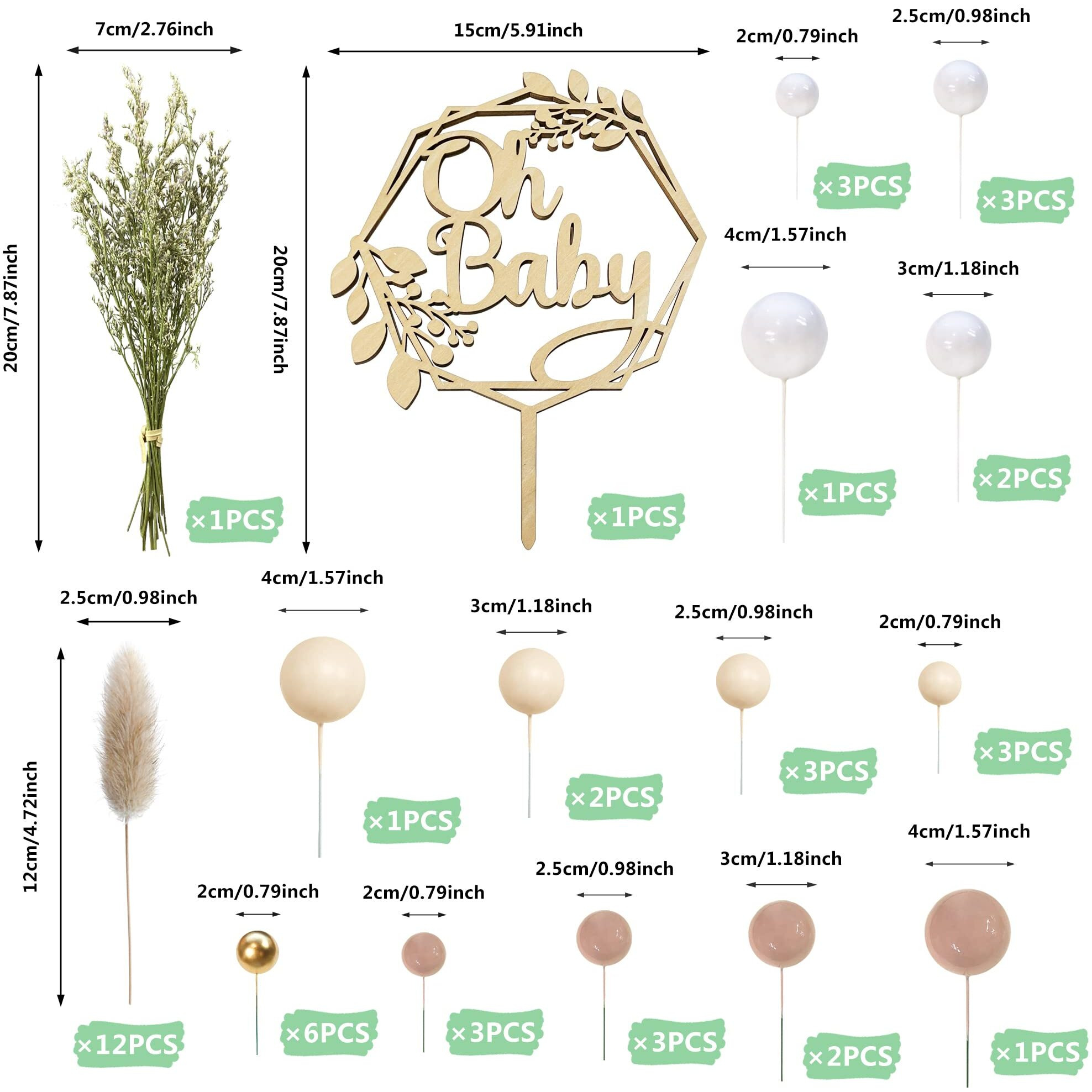 47 Pcs Wood Oh Baby Cake Topper Boho Cake Toppers Balls Baby Shower Decorations For Newborn Birthday Wedding Gender Reveal
