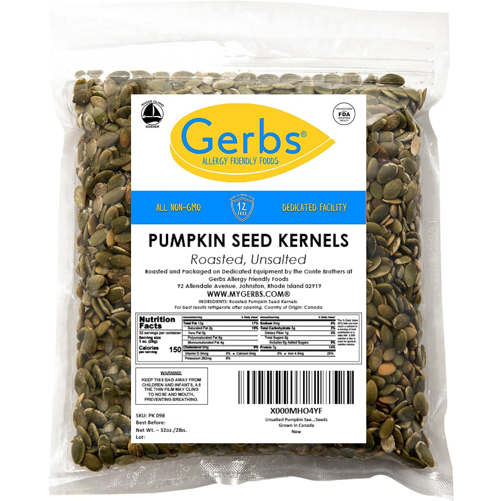 Gerbs Unsalted Pumpkin Seed Kernels 2 Lbs|Top 14 Allergy Free Food |Use In Salads, Yogurt, Bake, Oatmeal, Trail Mix|Grown In Canada, Packed In Us