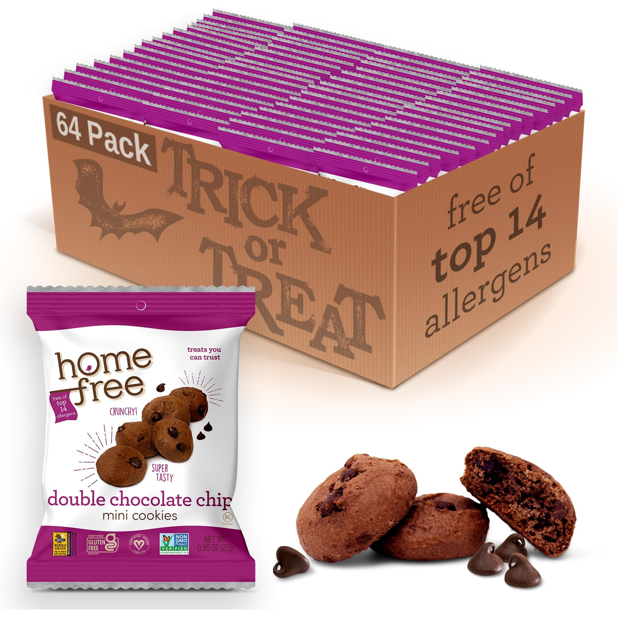 Homefree Bulk Mini Double Chocolate Chip Cookies, Gluten Free, Nut Free, Vegan, Individually Wrapped Packs, School Safe And Allergy Friendly Snack, 0.95 Oz. (Pack Of 64)