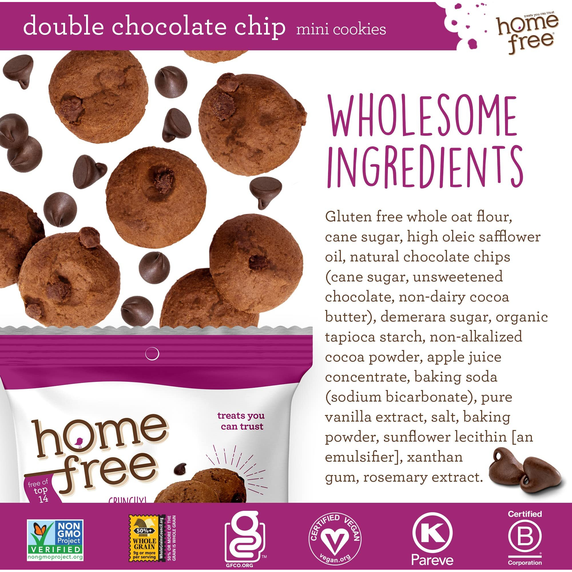Homefree Bulk Mini Double Chocolate Chip Cookies, Gluten Free, Nut Free, Vegan, Individually Wrapped Packs, School Safe And Allergy Friendly Snack, 0.95 Oz. (Pack Of 64)