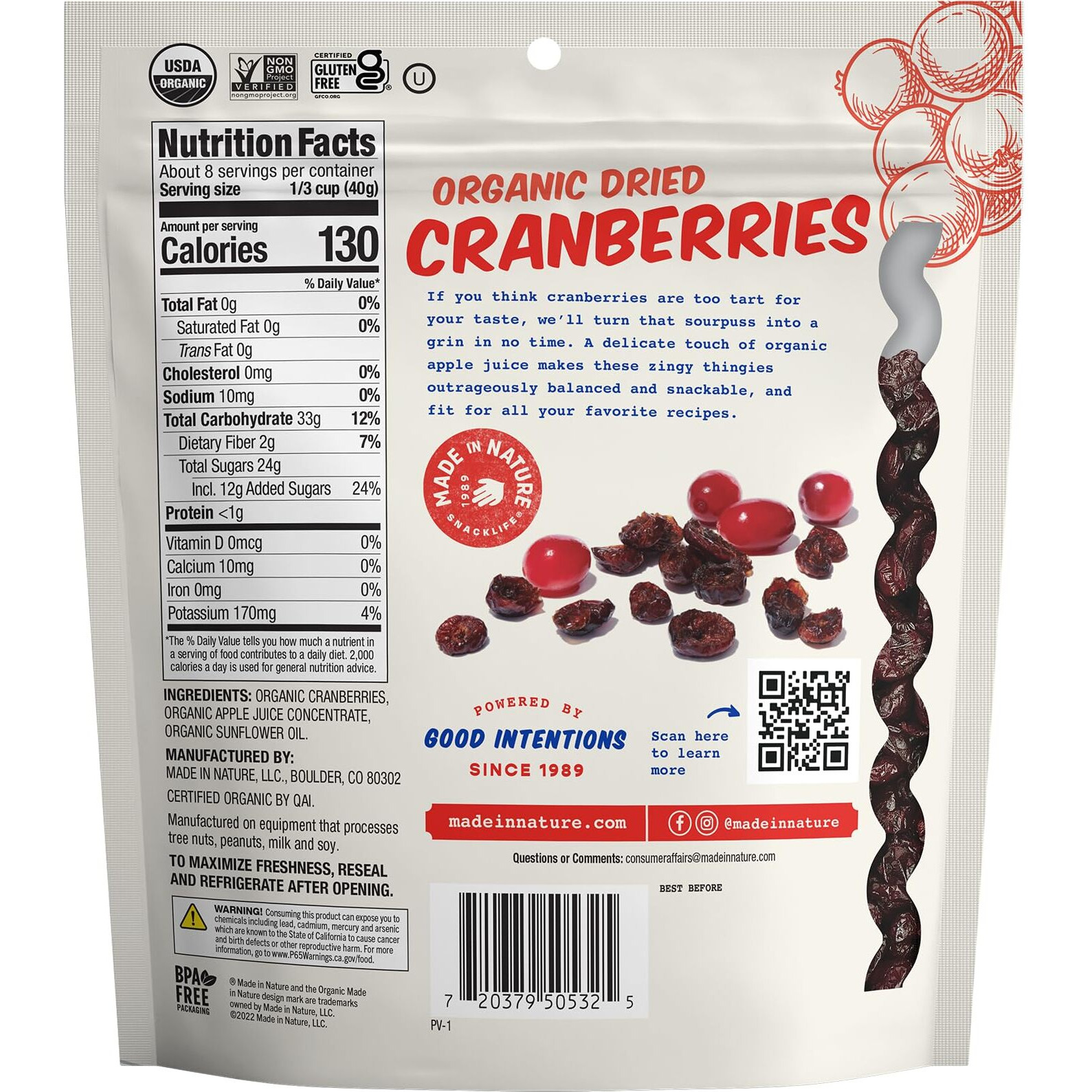 Made In Nature | Organic Dried Cranberries | Sweetened With Apple Juice | Non-Gmo, Unsulfured | 12 Ounce Bag