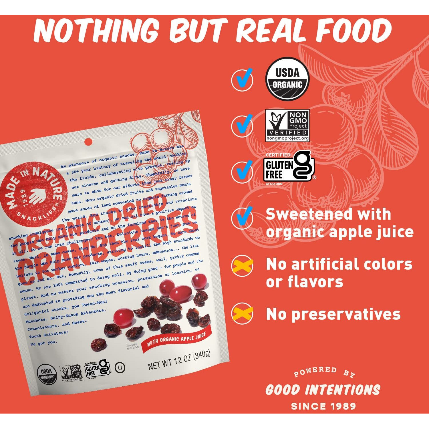 Made In Nature | Organic Dried Cranberries | Sweetened With Apple Juice | Non-Gmo, Unsulfured | 12 Ounce Bag