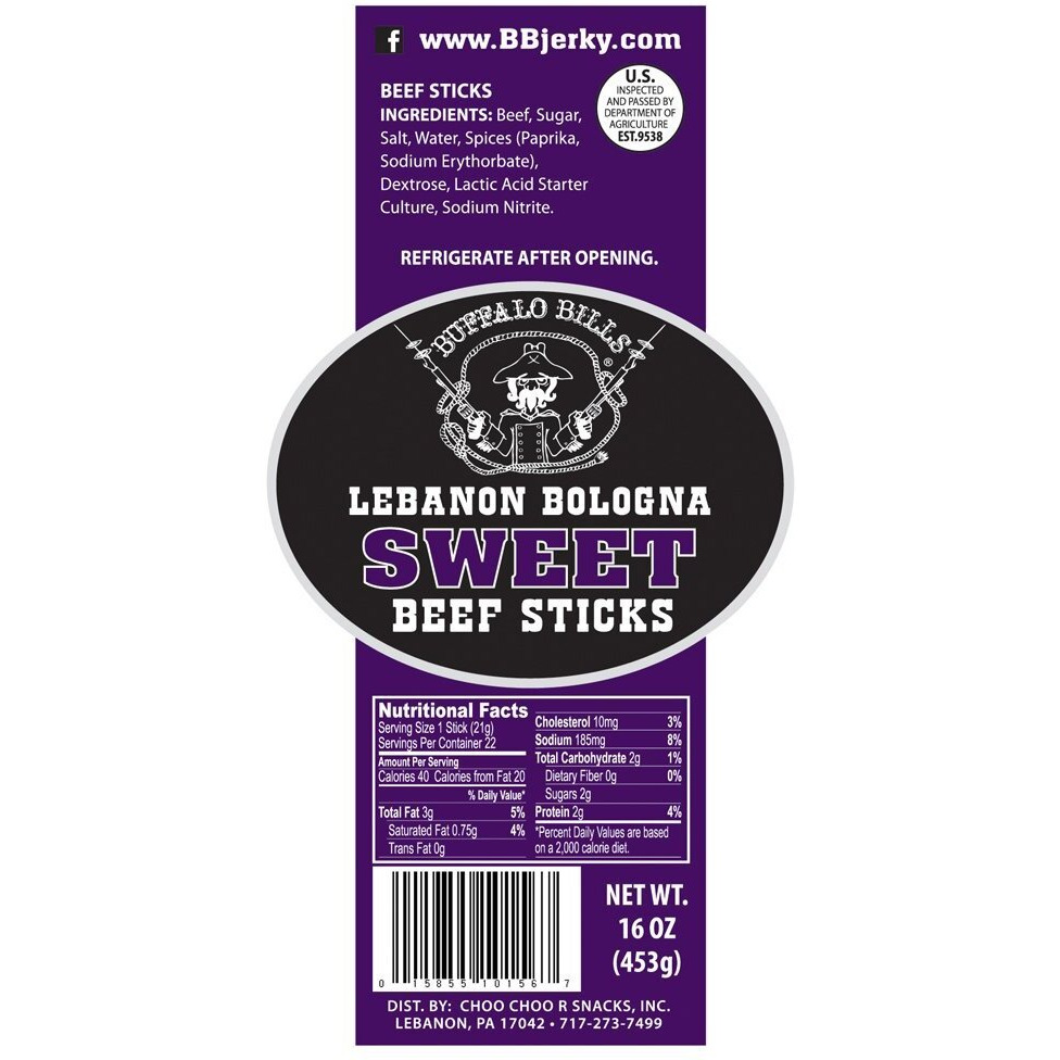 Buffalo Bills 1-Lb Pack Sweet Lebanon Bologna Sticks (Pennsylvania Dutch Sweet Beef Sticks)