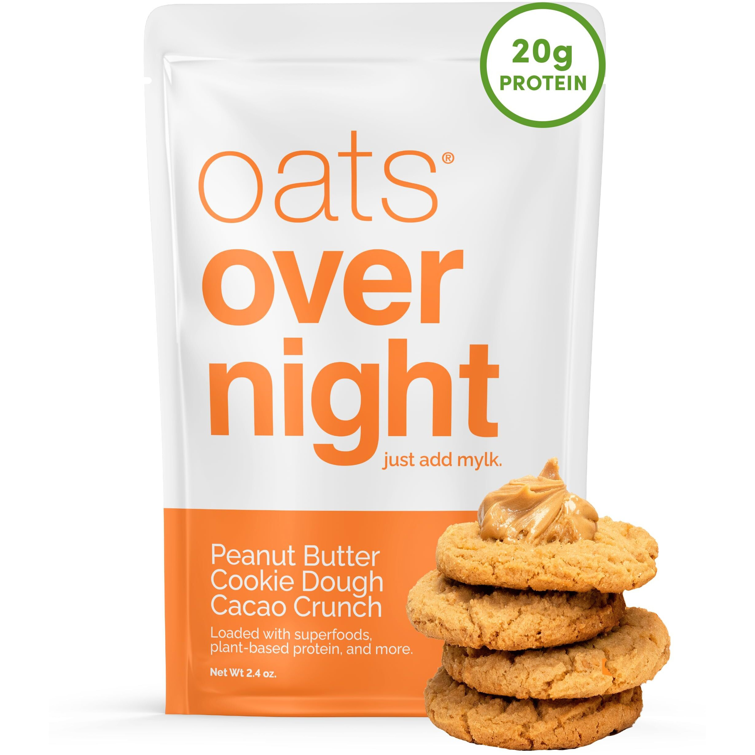 Oats Overnight - Peanut Butter Cookie Dough Cacao Crunch - Vegan, 20G Protein, High Fiber Breakfast Shake - Gluten Free, Non Gmo Oatmeal (2.4 Oz Per Meal) (24 Pack)
