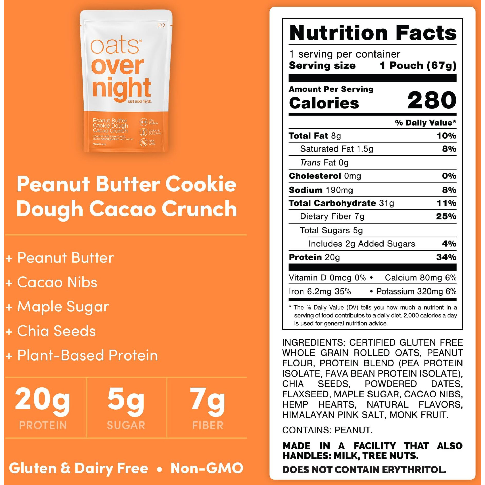 Oats Overnight - Peanut Butter Cookie Dough Cacao Crunch - Vegan, 20G Protein, High Fiber Breakfast Shake - Gluten Free, Non Gmo Oatmeal (2.4 Oz Per Meal) (24 Pack)