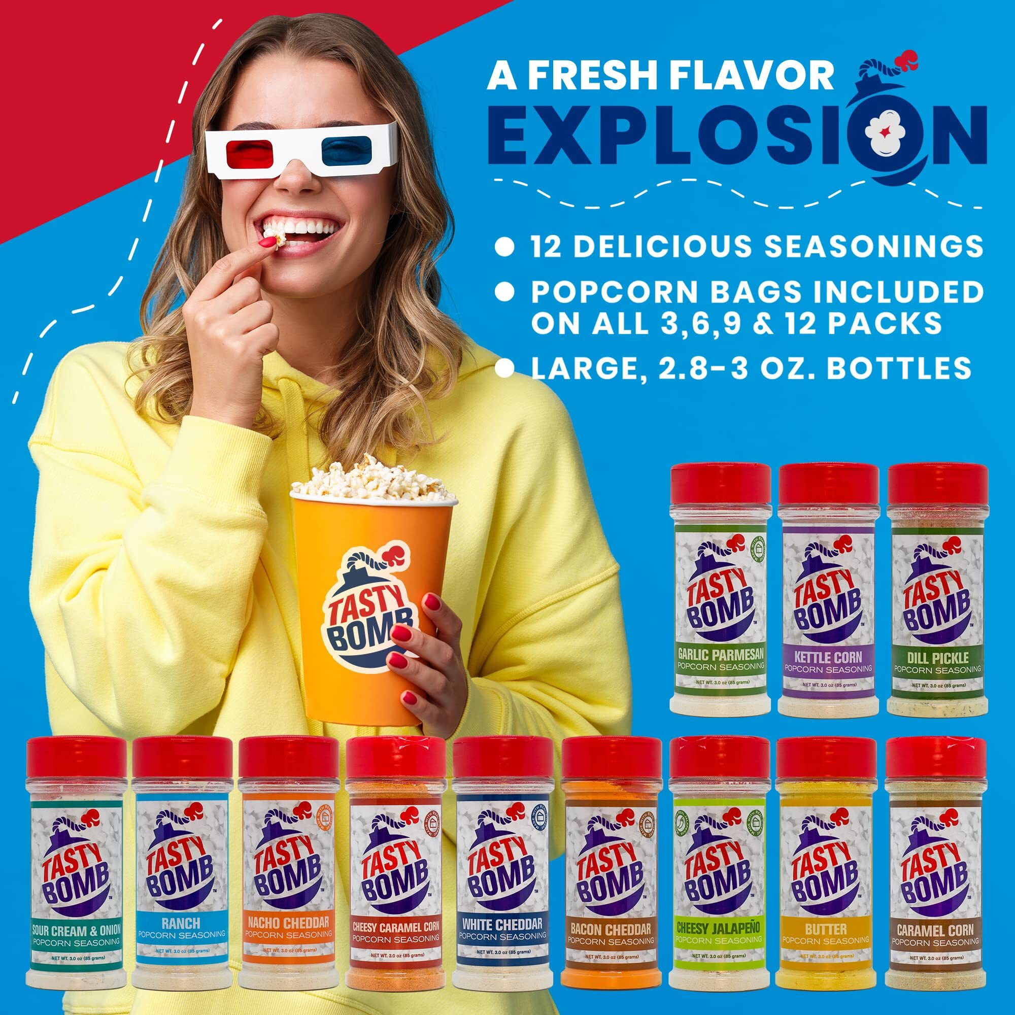 Flavorful Popcorn Seasoning Variety Pack - 12 Seasonings In White Cheddar Cheese, Ranch, Sour Cream, & More With Popcorn Bags - Gluten-Free Keto Snack For Movie Nights & Gifts By Tasty Bomb, 2.8-3 Oz.