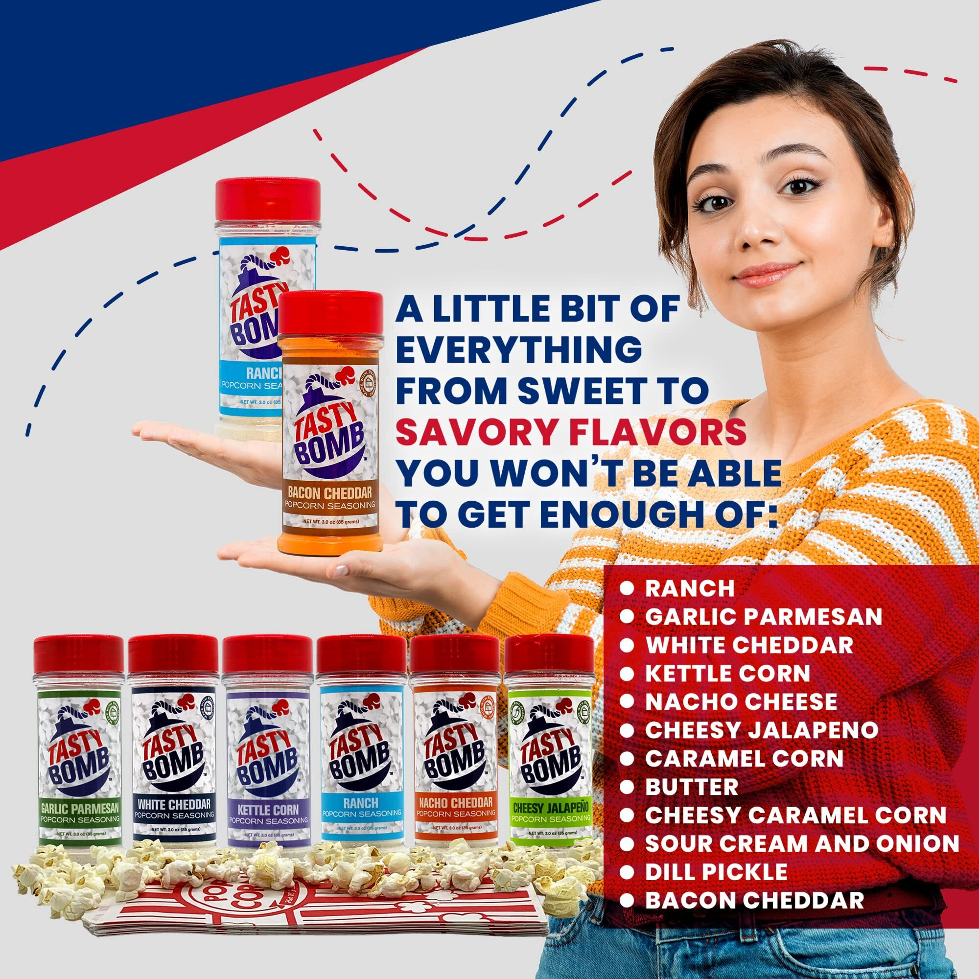 Flavorful Popcorn Seasoning Variety Pack - 12 Seasonings In White Cheddar Cheese, Ranch, Sour Cream, & More With Popcorn Bags - Gluten-Free Keto Snack For Movie Nights & Gifts By Tasty Bomb, 2.8-3 Oz.