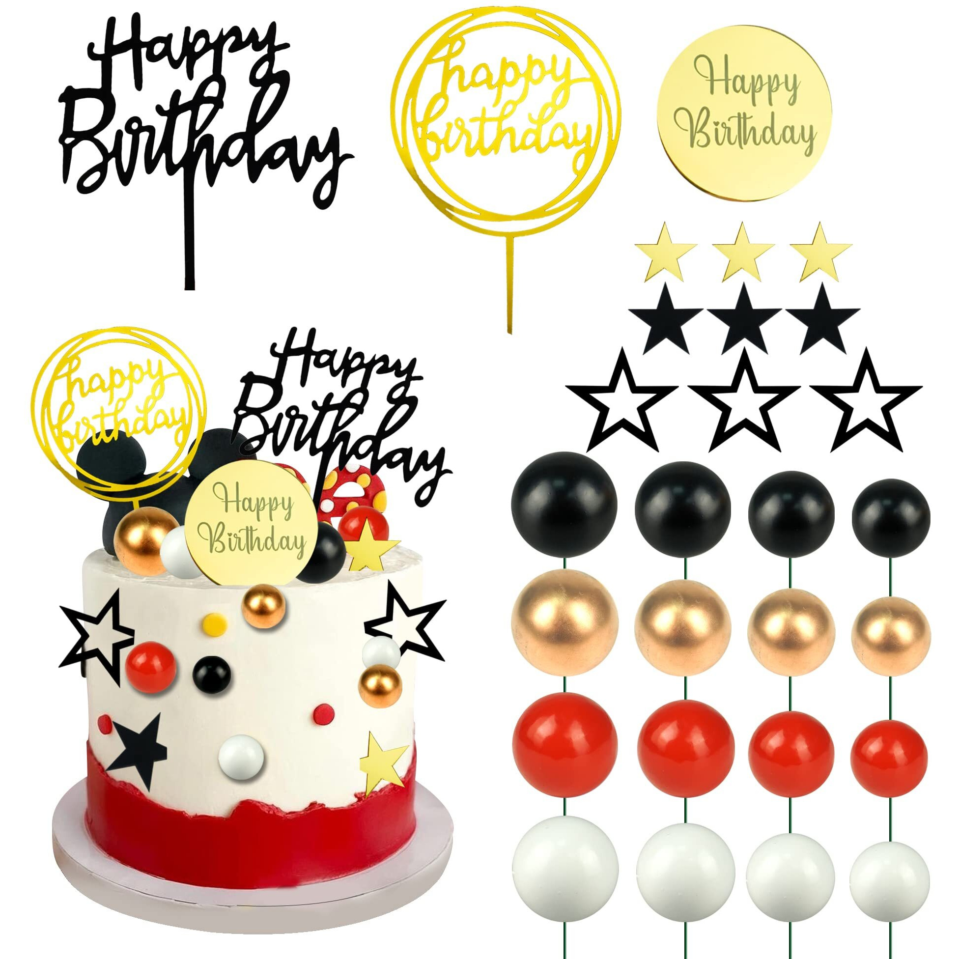 Black Red Gold White Ball Cake Toppers Set, Acrylic Birthday Cake Toppers Star Cake Toppers Mirror Cupcake Topper Ball Shaped Cake Insert Toppers Birthday Cake Decorations Party Supplies (Black Red