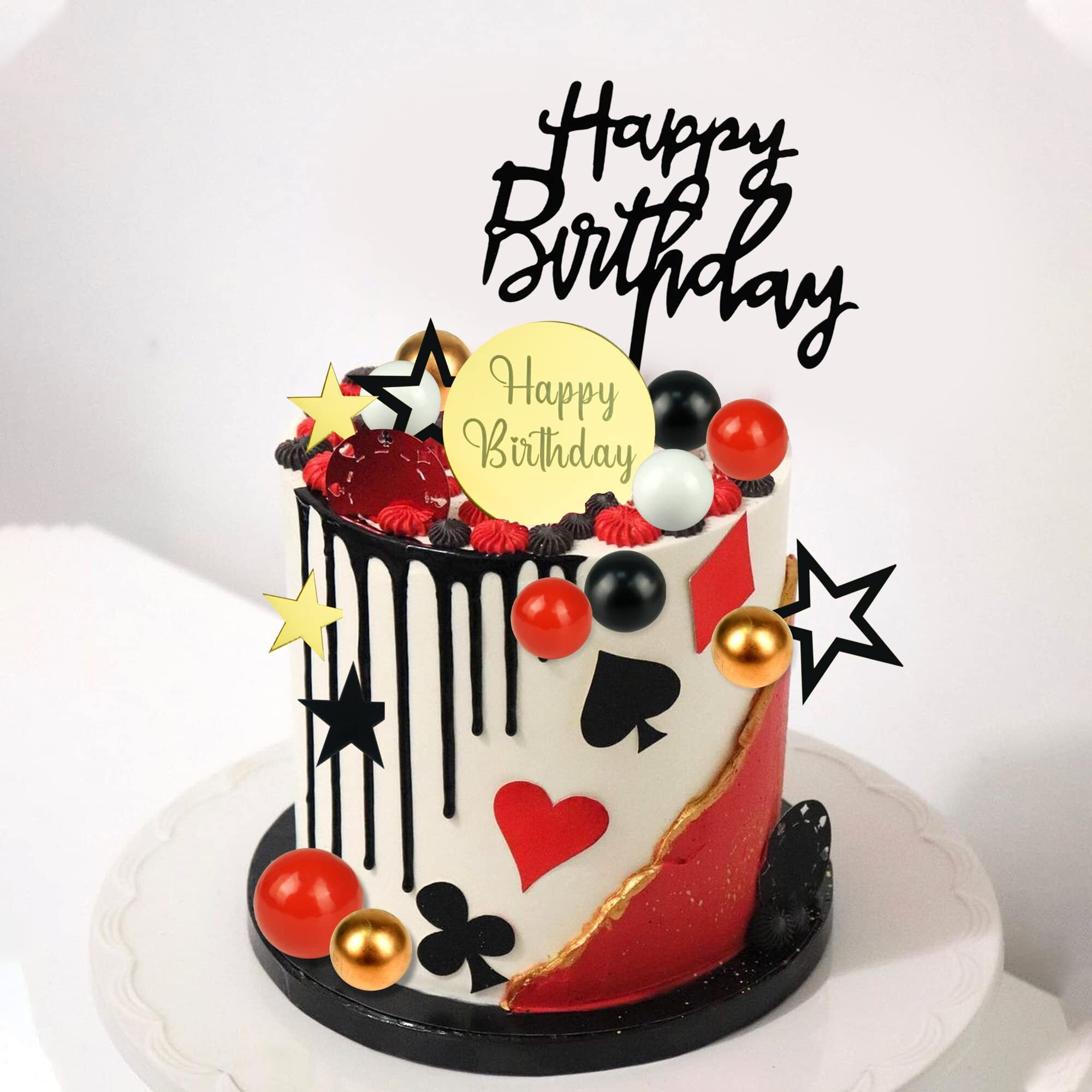 Black Red Gold White Ball Cake Toppers Set, Acrylic Birthday Cake Toppers Star Cake Toppers Mirror Cupcake Topper Ball Shaped Cake Insert Toppers Birthday Cake Decorations Party Supplies (Black Red