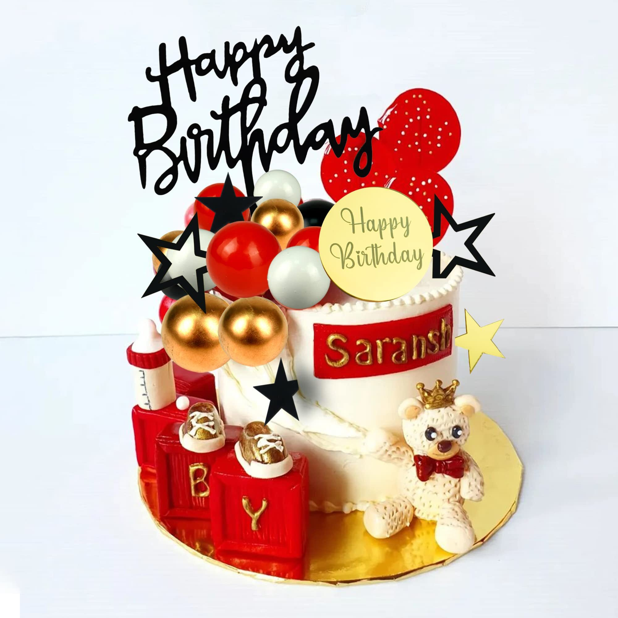 Black Red Gold White Ball Cake Toppers Set, Acrylic Birthday Cake Toppers Star Cake Toppers Mirror Cupcake Topper Ball Shaped Cake Insert Toppers Birthday Cake Decorations Party Supplies (Black Red