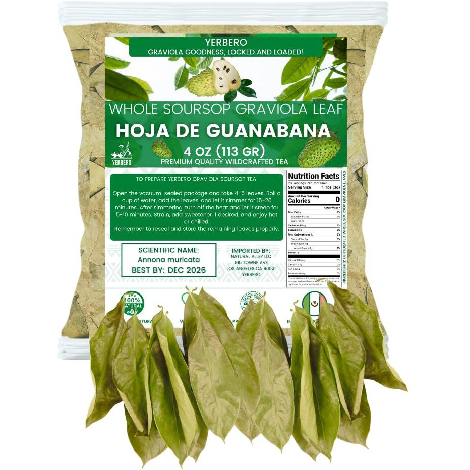 Yerbero - Whole Dried Graviola Soursop Leaves (4 Oz - 330+ Leaves Per Bag) Hoja De Guanabana, 100% All Natural Delicious Fresh Tea | From Mexico | Premium Wildcrafted Quality.
