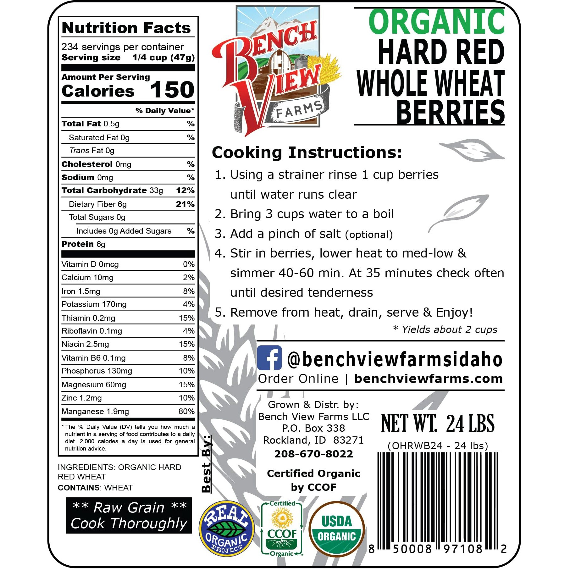 Organic Hard Red Wheat Berries - 24Lbs