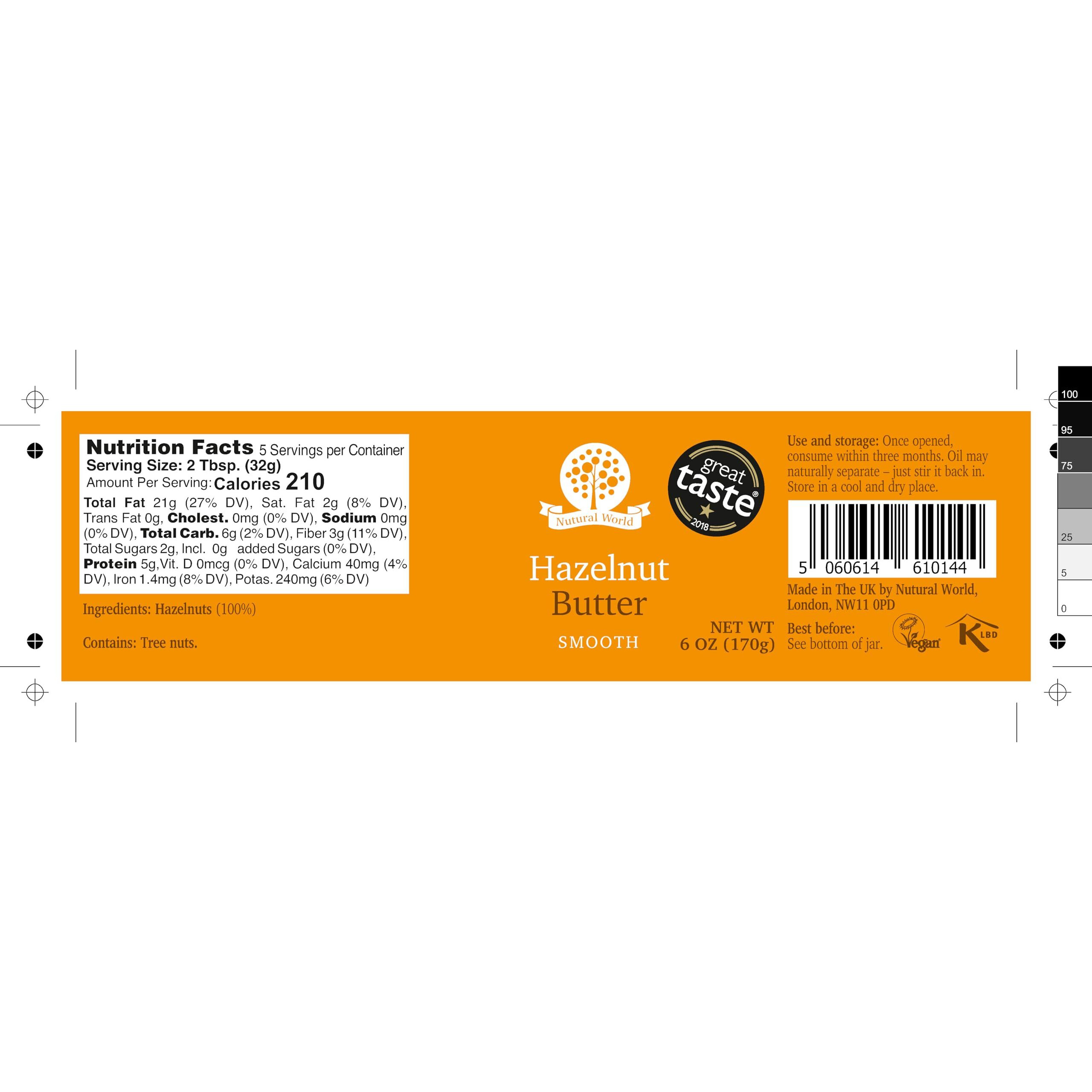 Nutural World - Smooth Hazelnut Butter 6 Oz (170G) - 100% Pure/Single Ingredient - Great Taste Award Winner