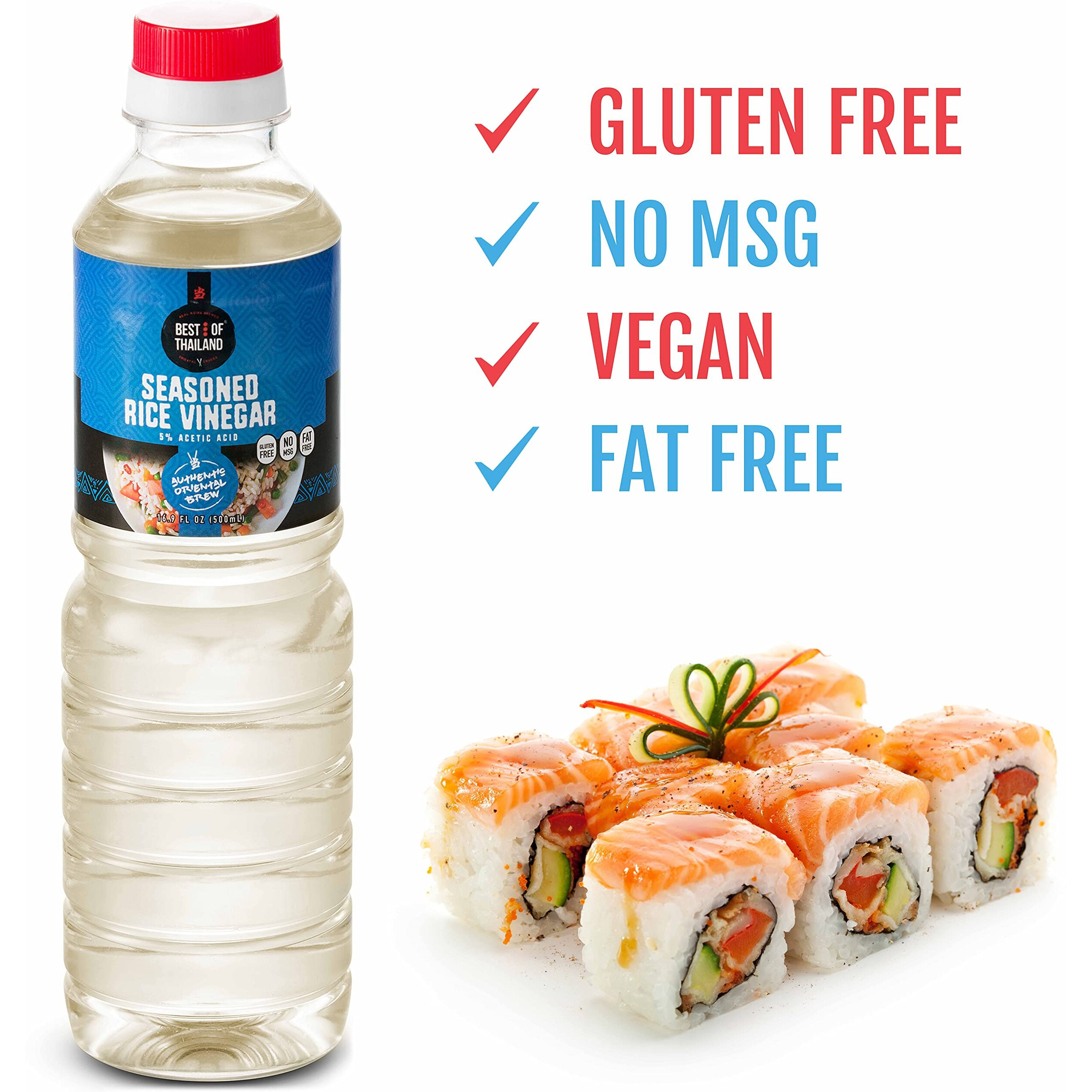 Best Of Thailand Seasoned Rice Vinegar | Fat Free, Gluten Free, No Msg, Kosher Safe Condiment, Marinade & Dressing For Authentic Asian Cooking, Pickling, Sushi Rice & Salads | 16.9 Fl Oz 2 Bottles | Kosher For Passover