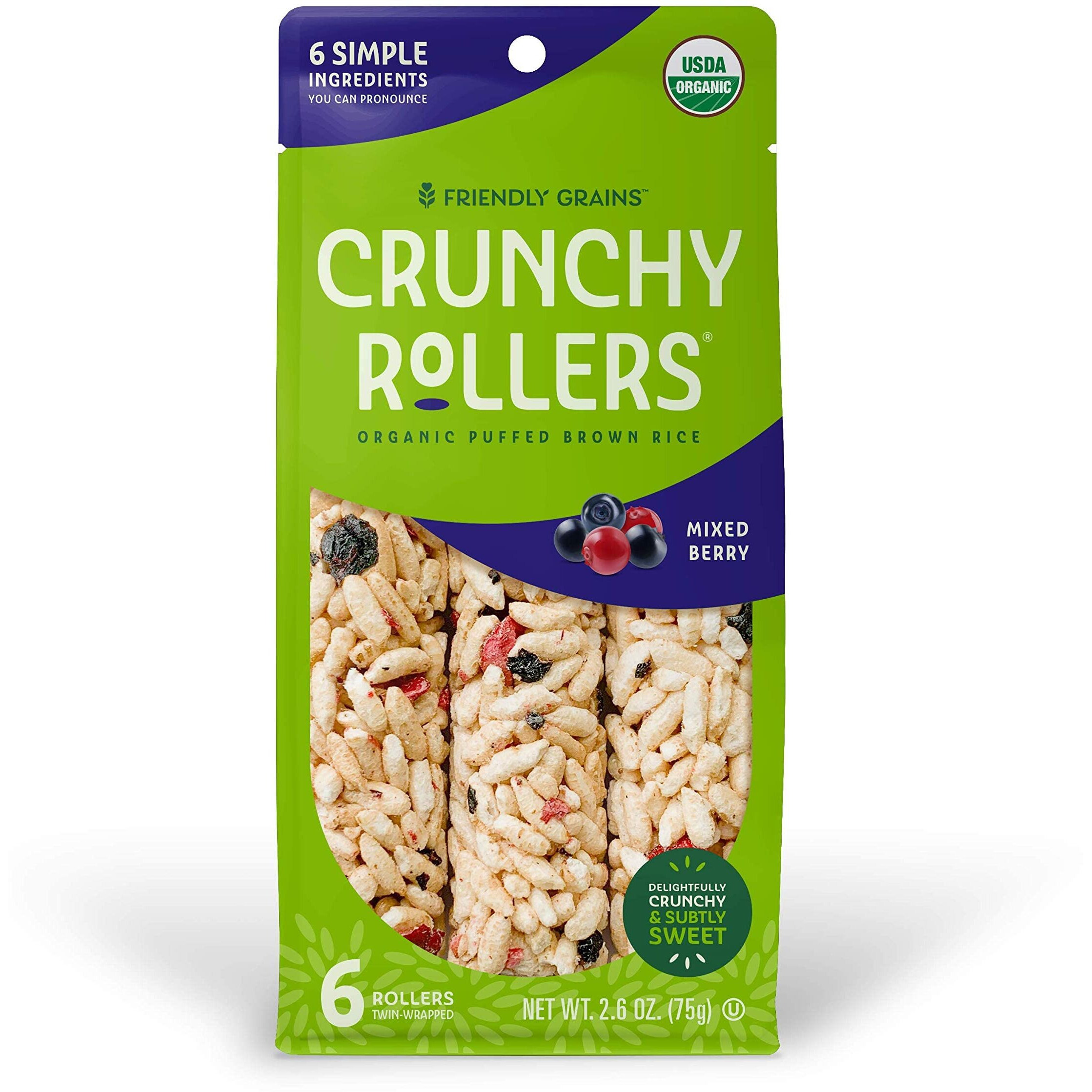 Friendly Grains - Crunchy Rollers - Organic Rice Snacks, Crispy Puffed Rice Rolls, Healthy Snack Rolls For Adults And Kids - Mixed Berry - (4 Packs Of 6)