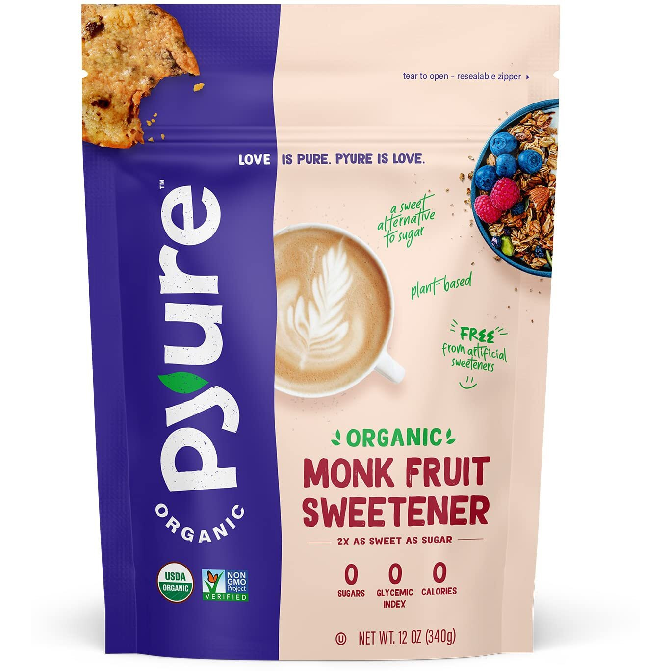 Pyure Organic Monk Fruit Sweetener | Granulated White Sugar Substitute | Zero Carb, Zero Sugar, Zero Calorie | Plant-Based Monk Fruit Sweetener For Keto Friendly Food | 12 Oz