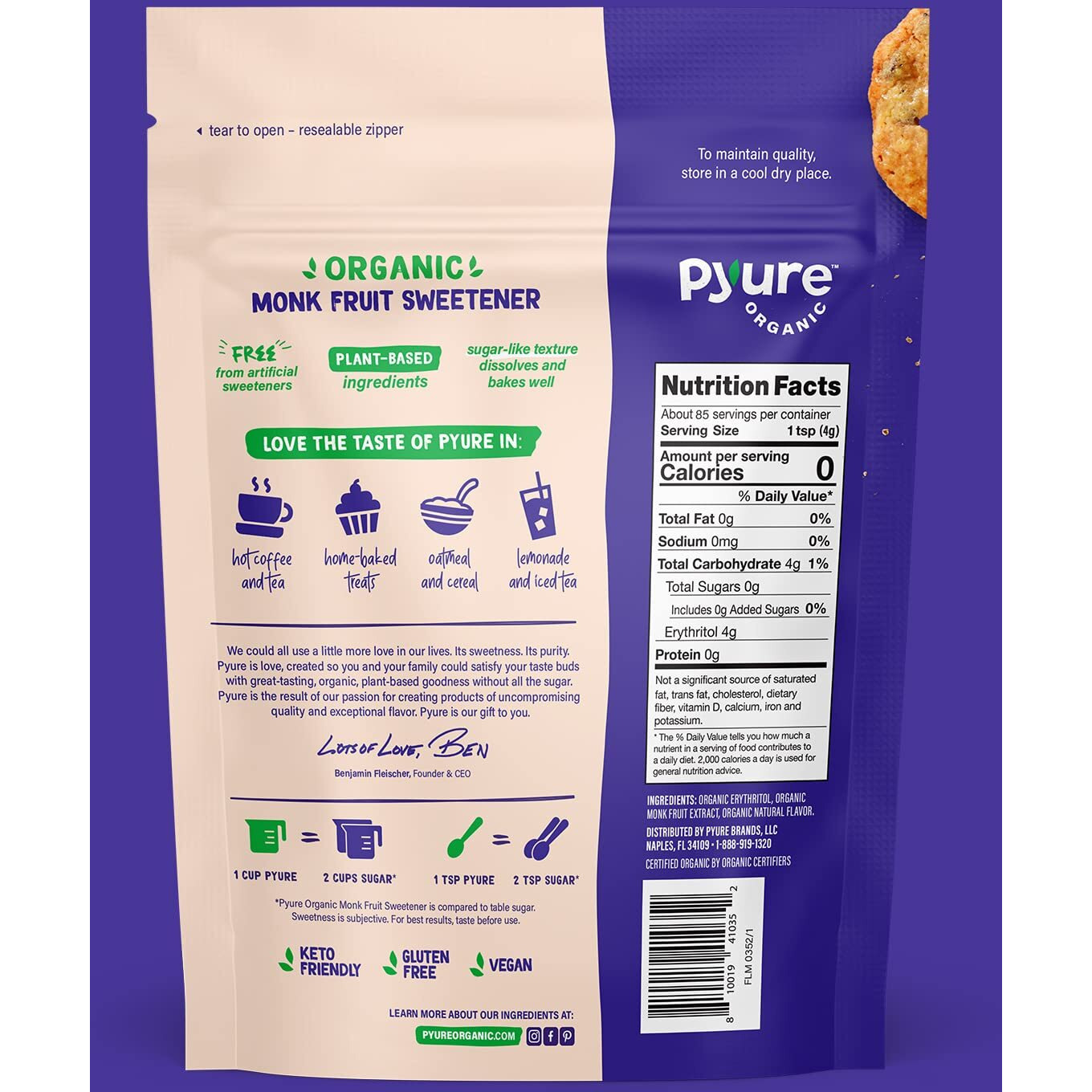 Pyure Organic Monk Fruit Sweetener | Granulated White Sugar Substitute | Zero Carb, Zero Sugar, Zero Calorie | Plant-Based Monk Fruit Sweetener For Keto Friendly Food | 12 Oz