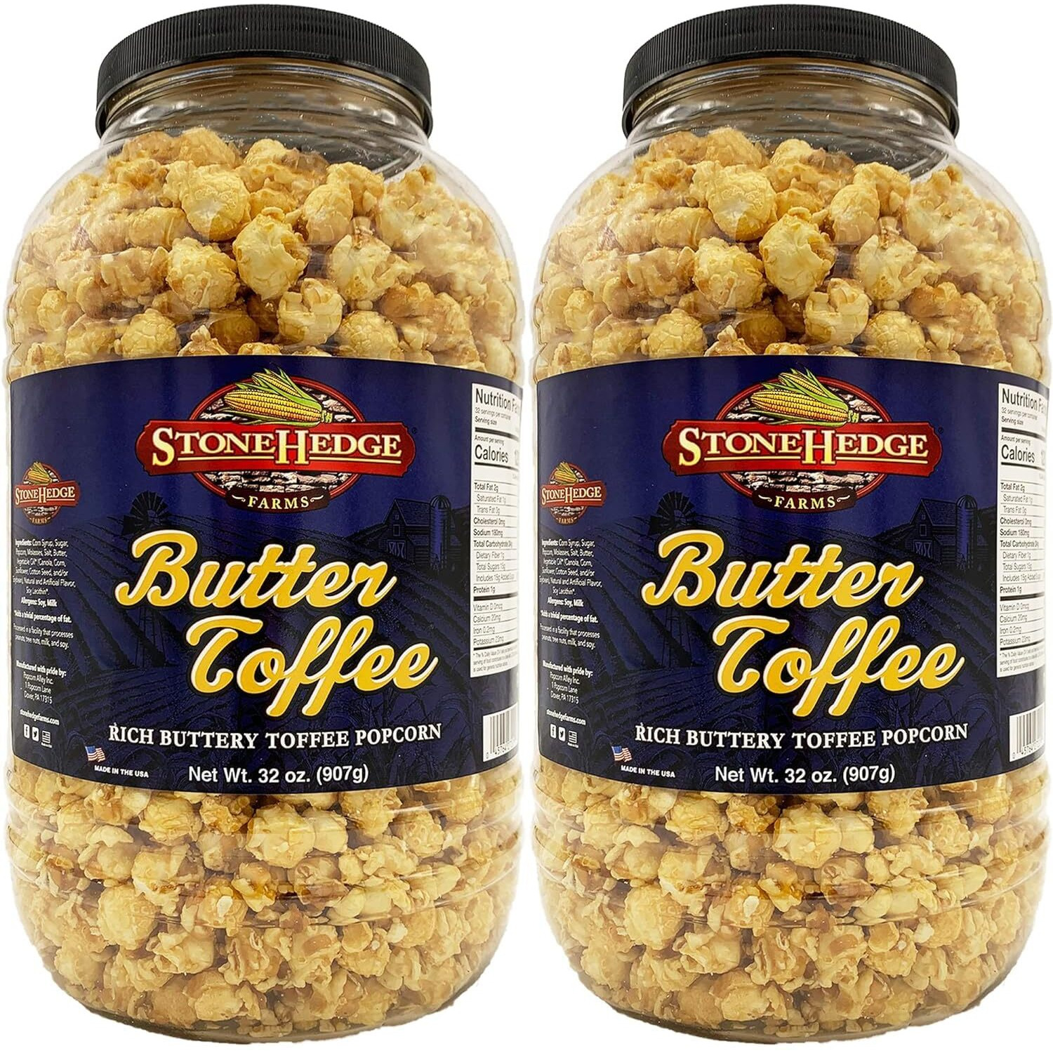 Stonehedge Farms Butter Toffee Flavored Popcorn Barrel - 2 Pack - 32 Ounces Each - Made In The Usa - Gluten Free