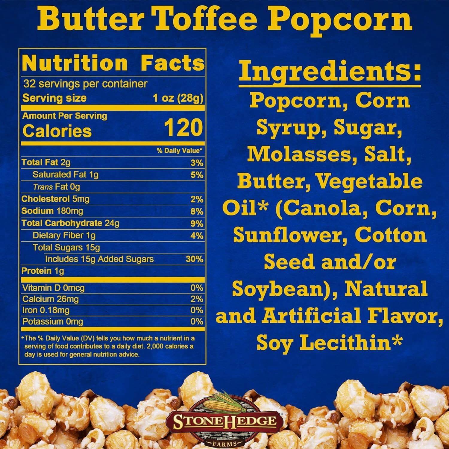 Stonehedge Farms Butter Toffee Flavored Popcorn Barrel - 2 Pack - 32 Ounces Each - Made In The Usa - Gluten Free