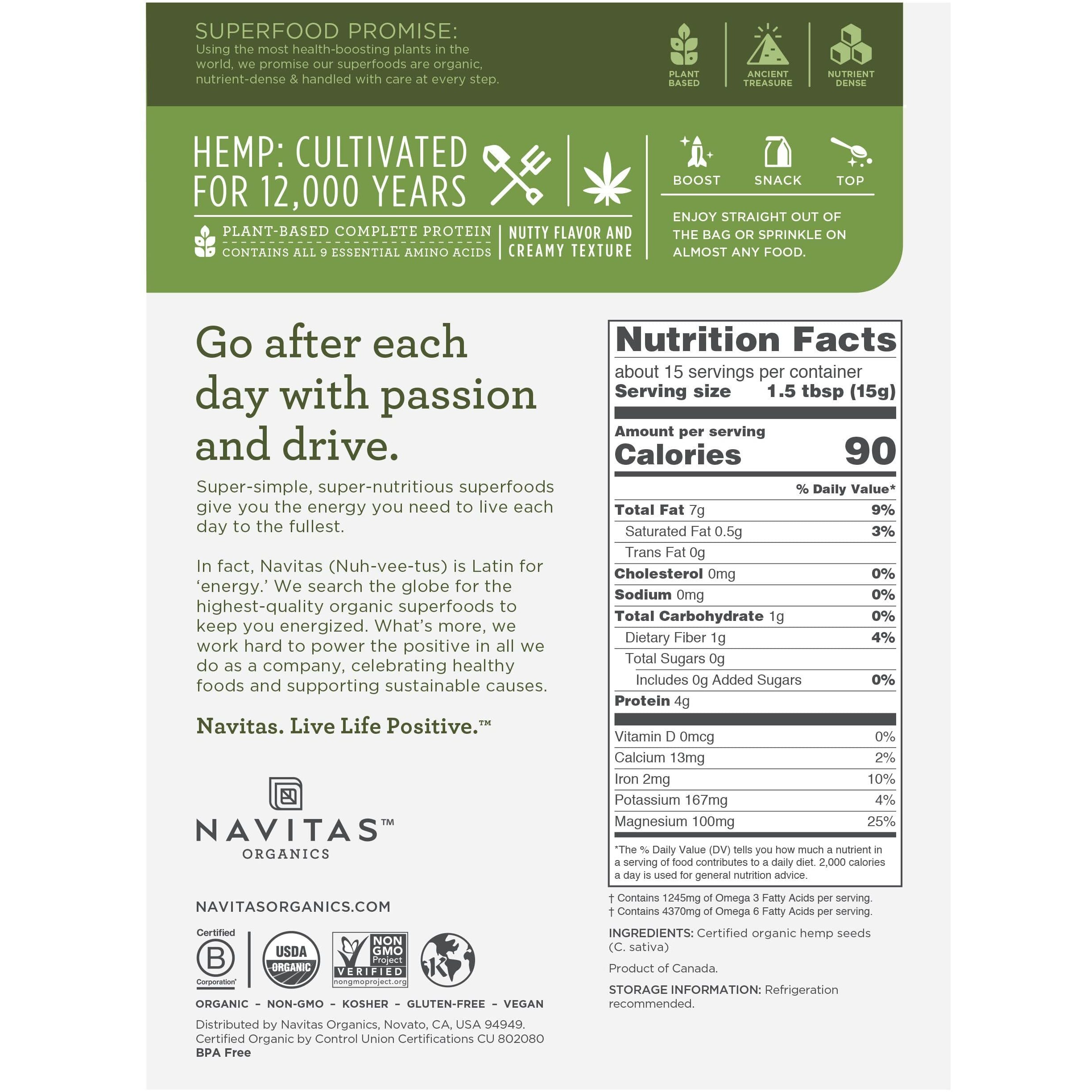 Navitas Organics Raw Hemp Seeds, 8 Oz. (2-Pack) 30 Servings - Organic, Non-Gmo, Low Temp-Hulled, Gluten-Free