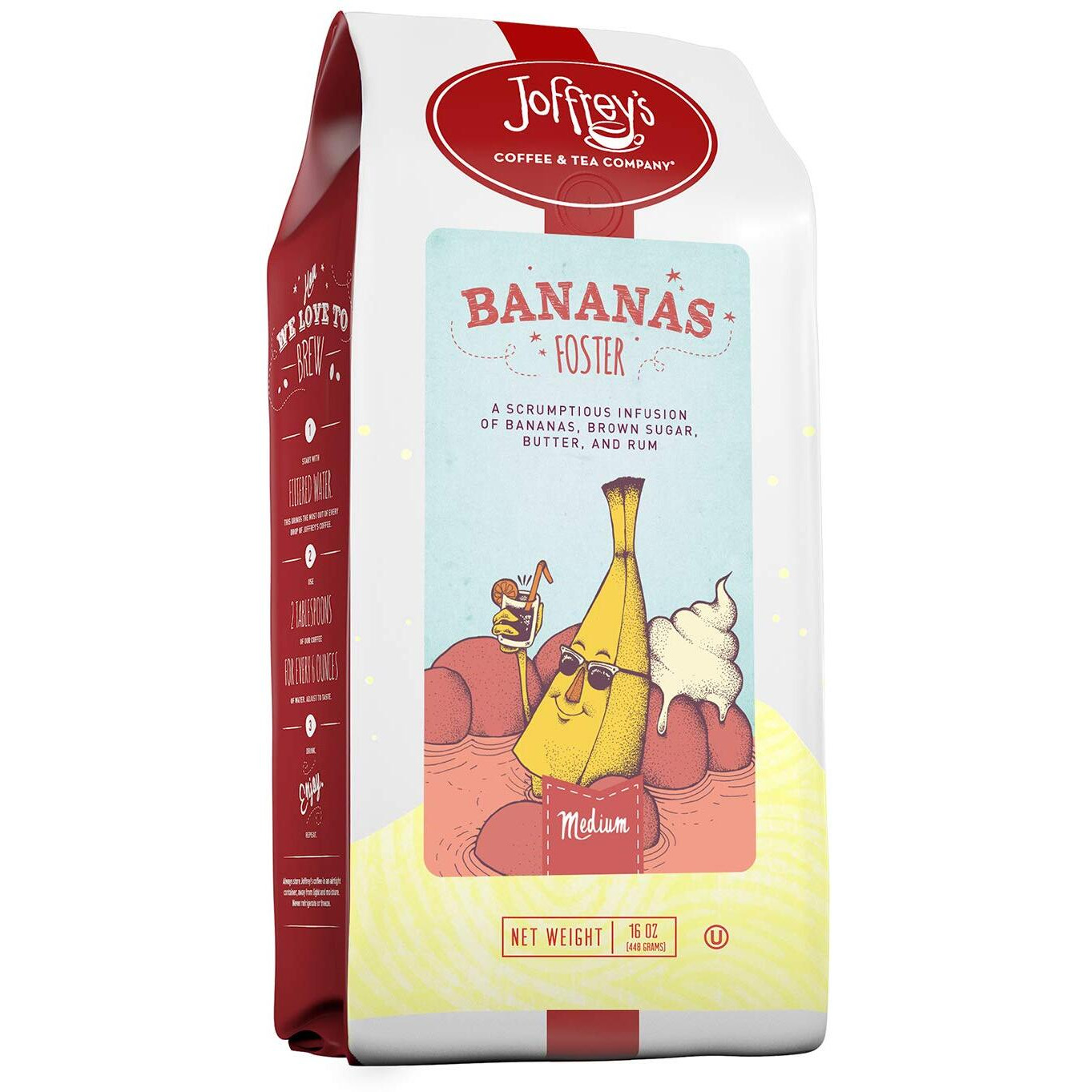Joffrey's Coffee - Bananas Foster, Flavored Coffee, Artisan Medium Roast, Arabica Coffee Beans, Banana, Brown Sugar, Butter, & Rum Flavor, Gluten-Free, No Sugar (Ground, 16 Oz)