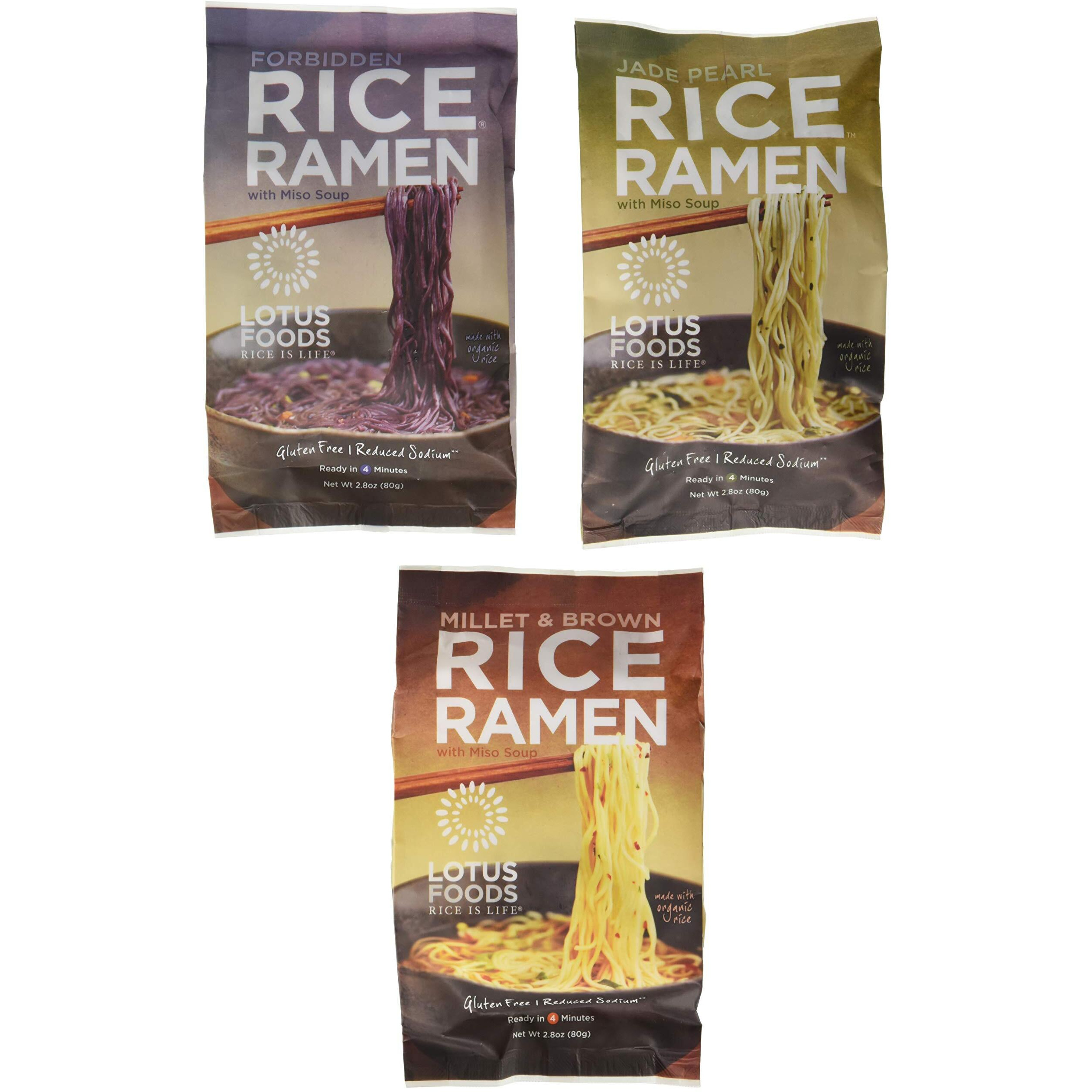 Lotus Foods Bulk Organic Rice Ramen With Miso Soup Variety Bundle - Gluten Free Rice Ramen, Whole Grain Noodles - Forbidden Black, Jade Pearl, Millet & Brown Rice - 2.8 Oz Bags (Pack Of 6)