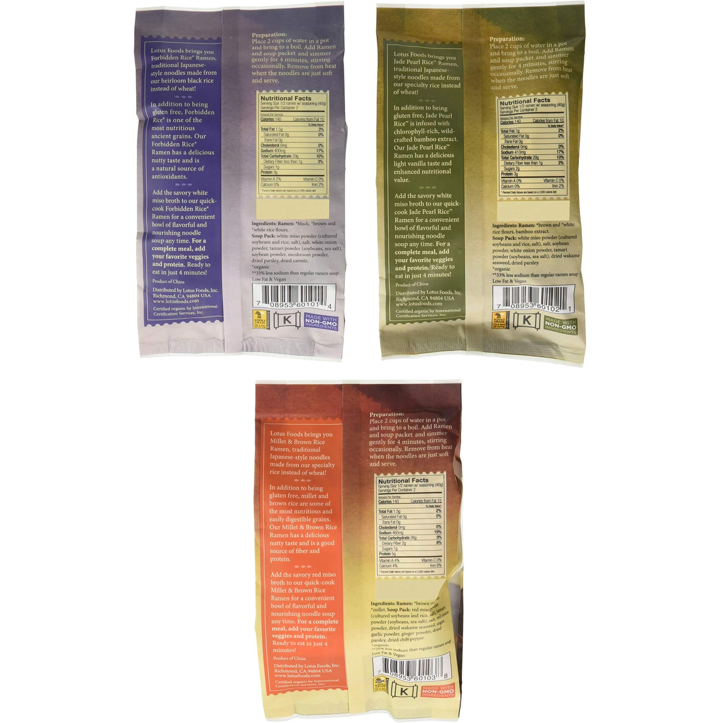 Lotus Foods Bulk Organic Rice Ramen With Miso Soup Variety Bundle - Gluten Free Rice Ramen, Whole Grain Noodles - Forbidden Black, Jade Pearl, Millet & Brown Rice - 2.8 Oz Bags (Pack Of 6)