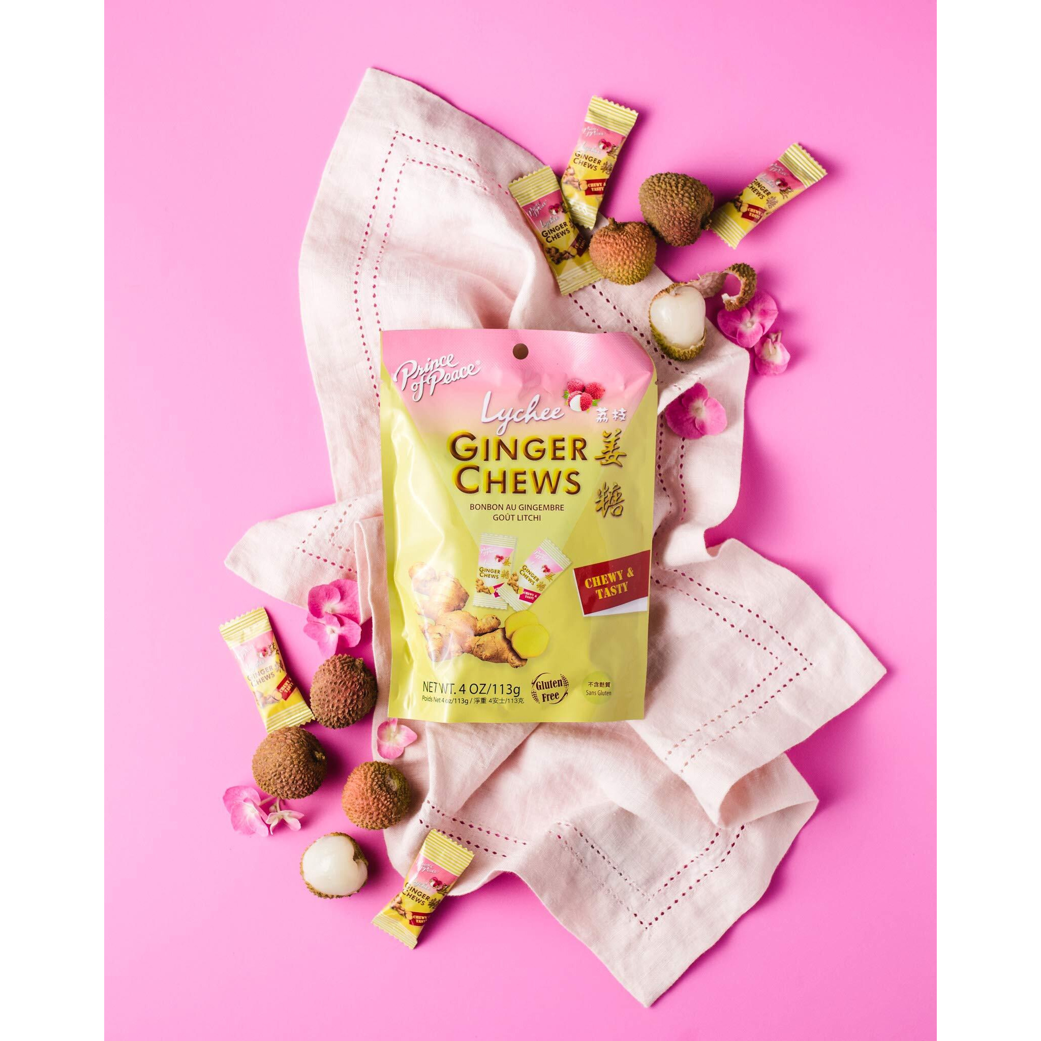 Prince Of Peace Ginger Chews With Lychee, 4 Oz. - Candied Ginger - Lychee Flavored Candy - Lychee Ginger Chews