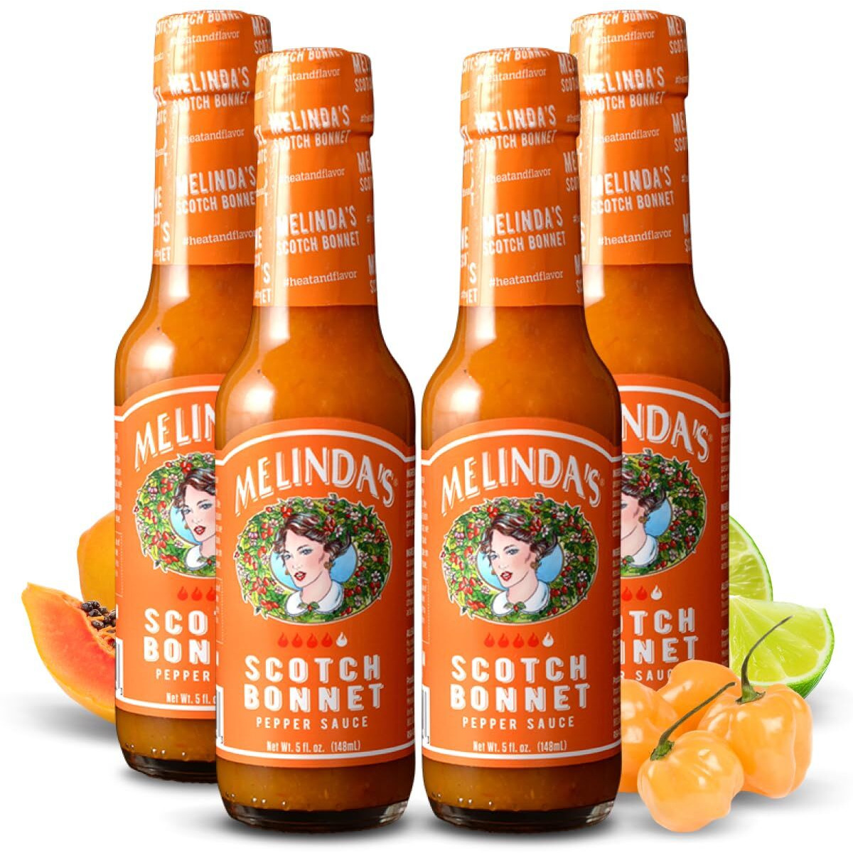 Melindas Scotch Bonnet Hot Sauce - Gourmet Scotch Bonnet Pepper Sauce - Made With Scotch Bonnet Peppers, Carrots, Papaya & Lime Juice - Keto, Kosher, Vegan, Gluten Free Hot Sauce - 5Oz, 4 Pack