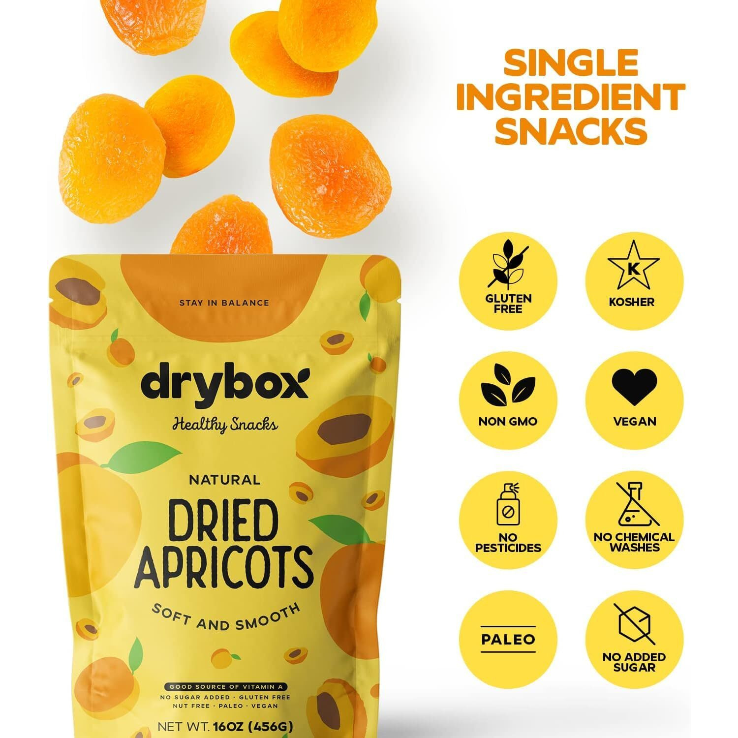 Drybox Dried Turkish Apricots No Sugar Added, Unsweetened Non-Gmo | Dry Apricot Snacks | All Natural Mediterranean Dried Fruit Resealable 1 Lb Per Pack - 1 Pack