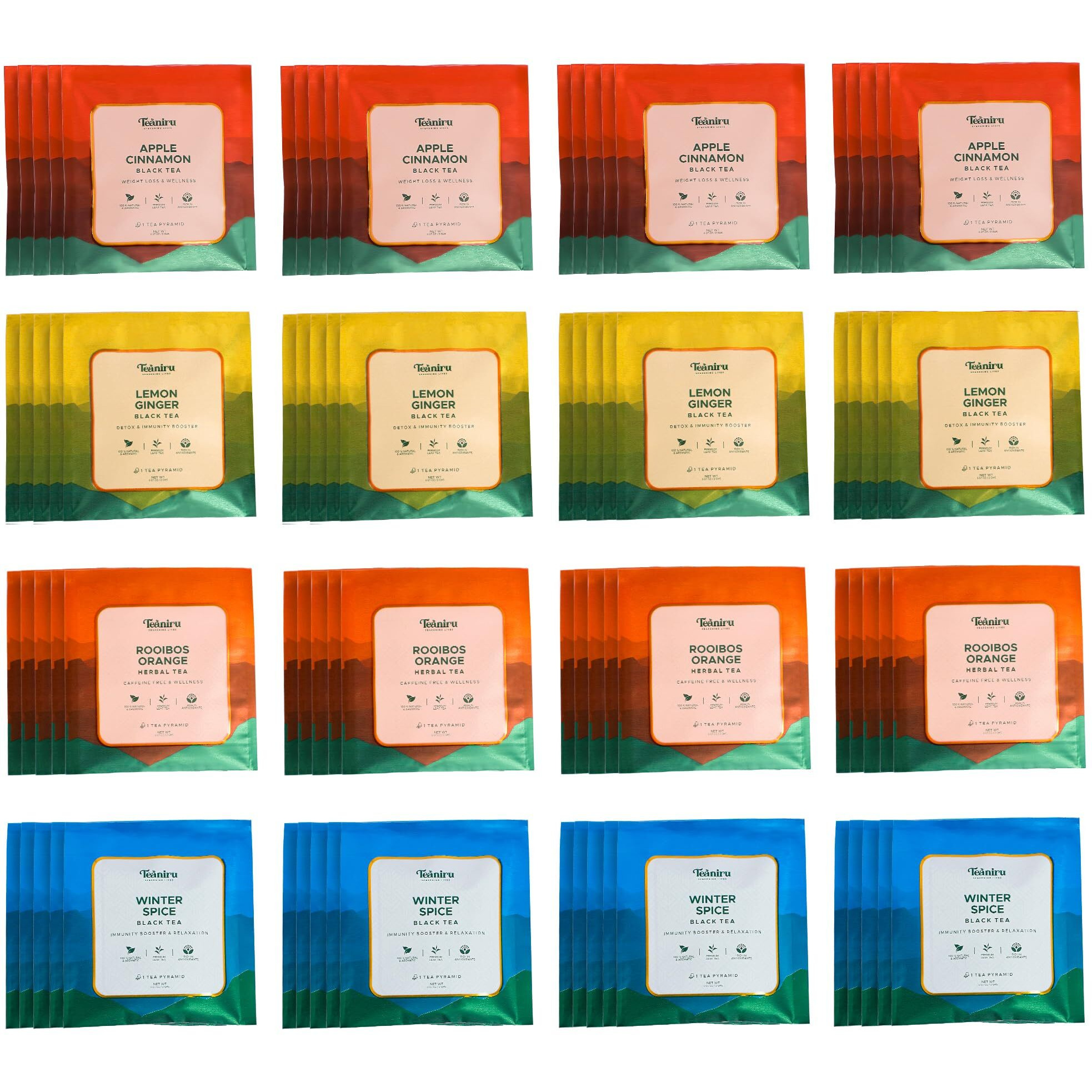 Teaniru, Black Tea Collection - Box Of 100 Pyramid Tea Bags, Individual Sachets | 4 Flavors - Apple Cinnamon, Lemon Ginger, Rooibos Orange & Winter Spice | 100% Natural Ingredients - Brew Hot Or Cold