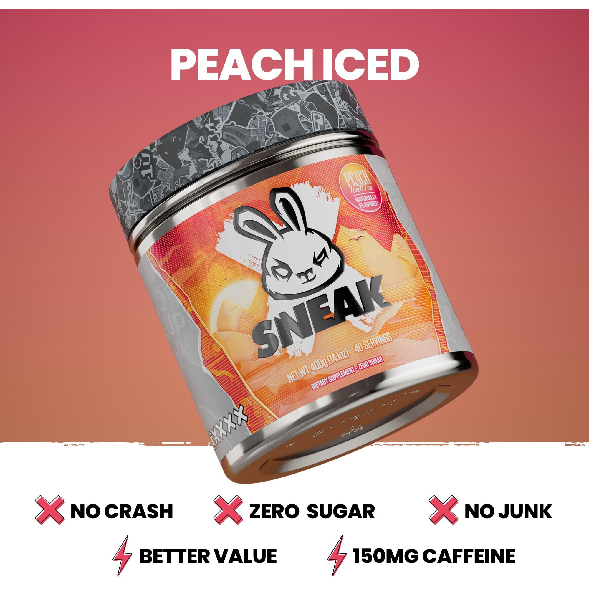 Sneak Energy Drink Powder | Peach Iced Tea | No Sugar. No Nasties. Just Natural Caffeine, Focus-Boosting Nootropics | 40 Servings