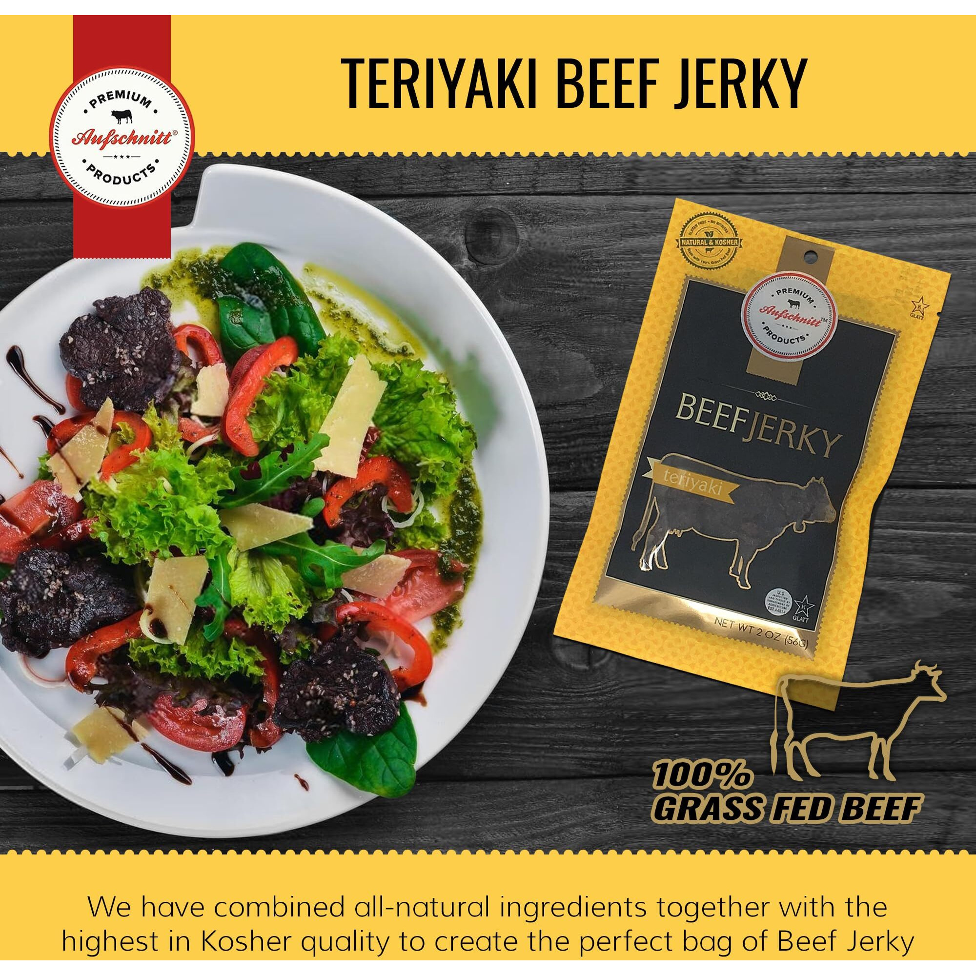 Aufschnitt Grass Fed Beef Jerky - Low Sodium, Certified Kosher - Halal And Keto Friendly - 12 Pack, Teriyaki