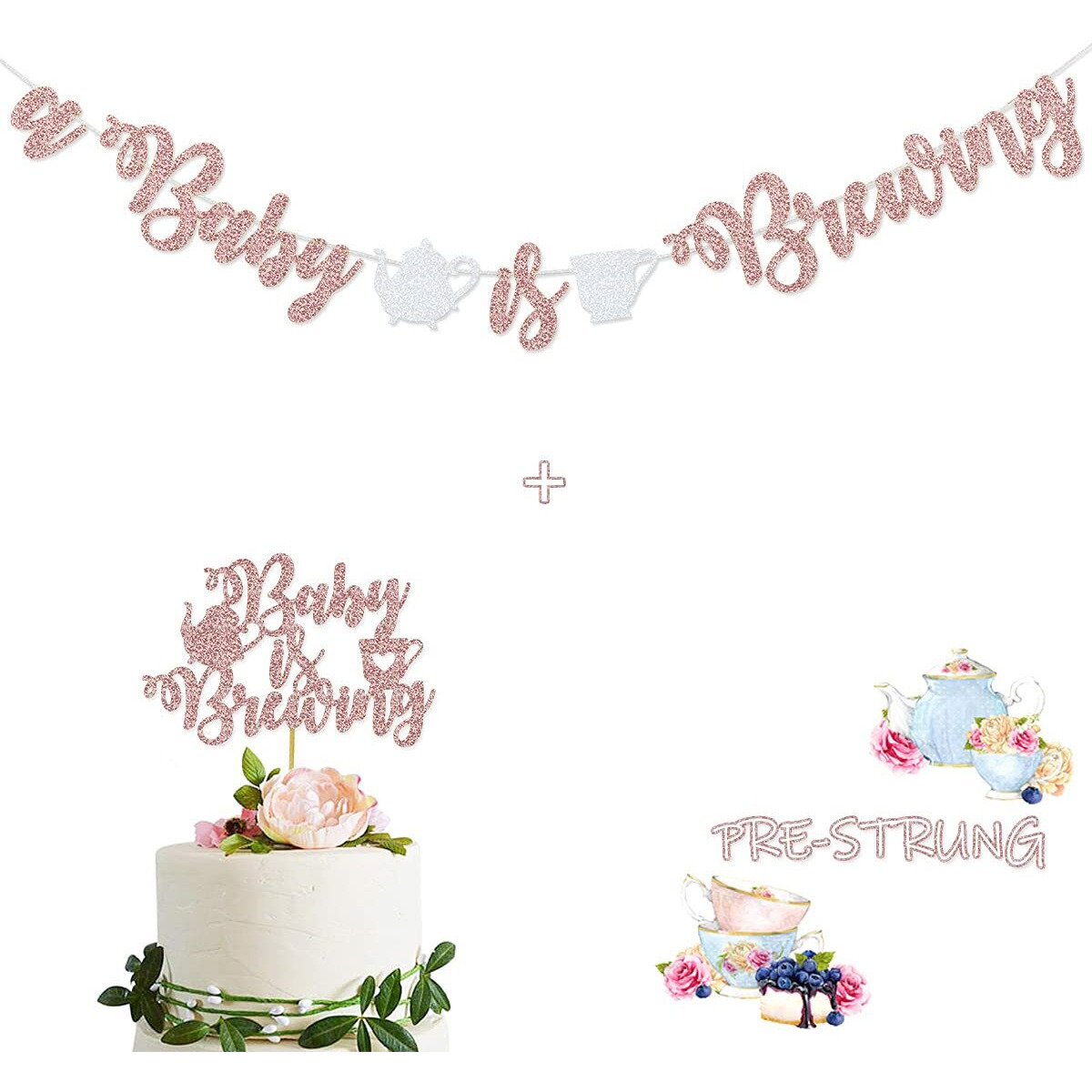 Rose Gold A Baby Is Brewing Banner With Teapot Teacups Pre-Strung & A Baby Is Brewing Cake Topper For Tea Themed Baby Shower