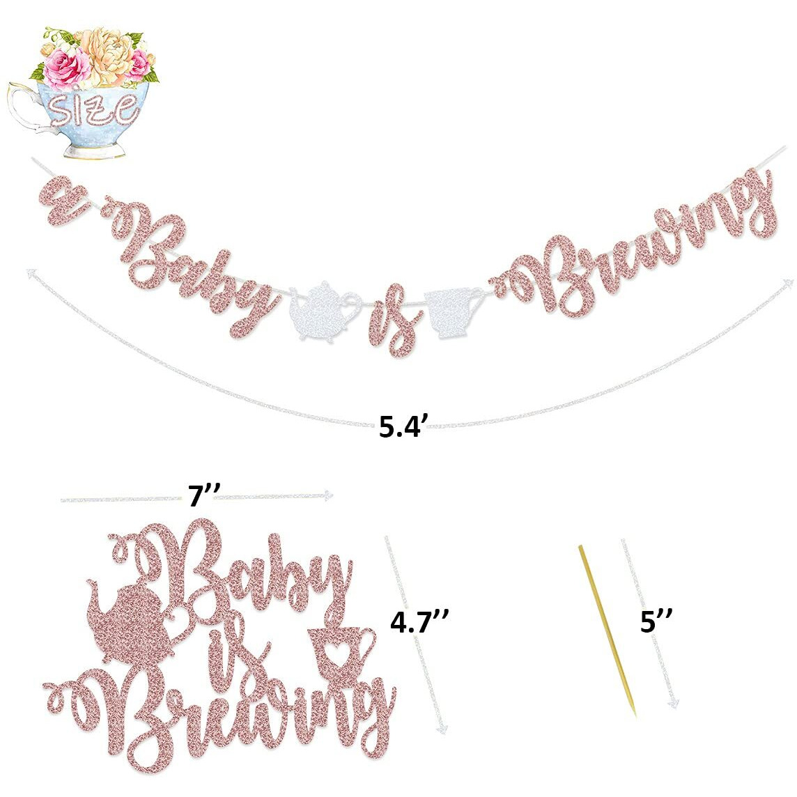 Rose Gold A Baby Is Brewing Banner With Teapot Teacups Pre-Strung & A Baby Is Brewing Cake Topper For Tea Themed Baby Shower