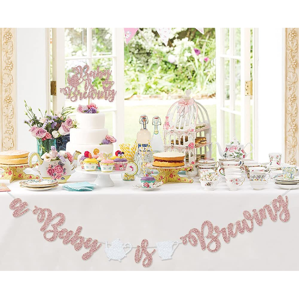 Rose Gold A Baby Is Brewing Banner With Teapot Teacups Pre-Strung & A Baby Is Brewing Cake Topper For Tea Themed Baby Shower