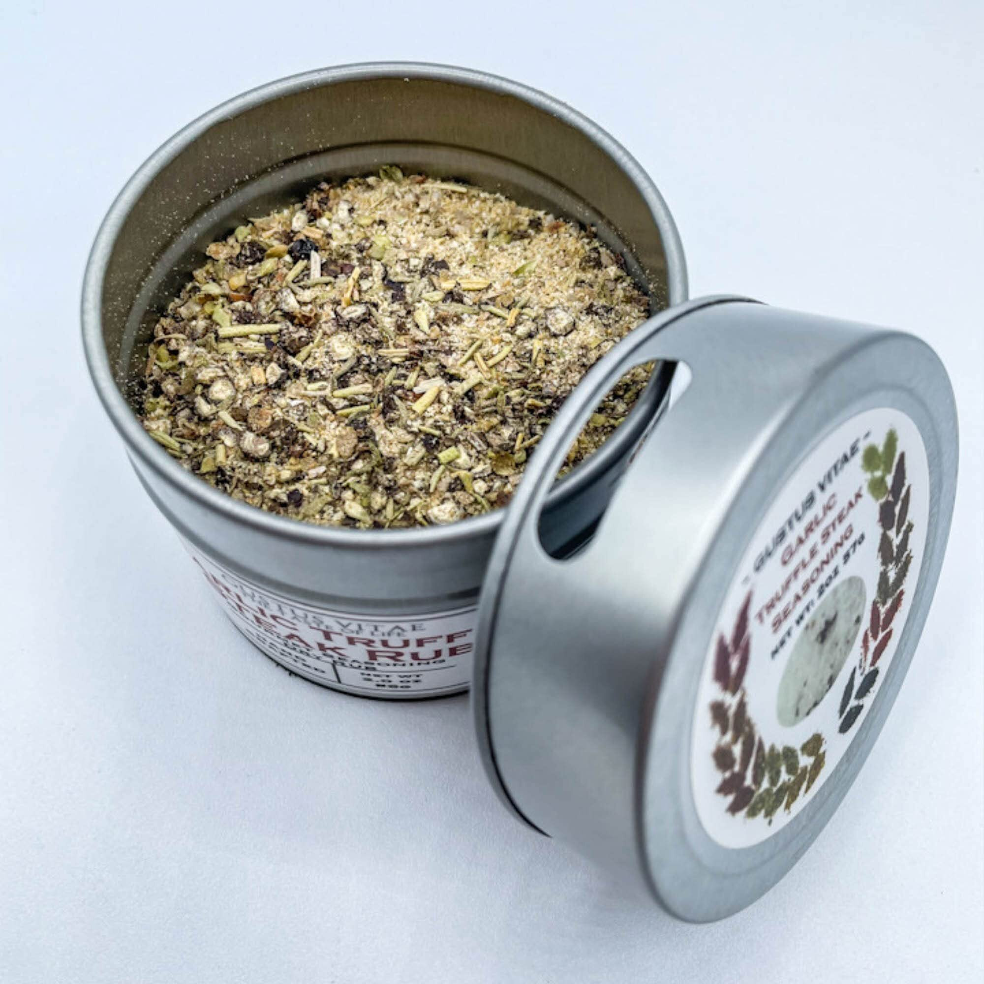 Gustus Vitae - Garlic Truffle Steak Rub - Non Gmo - Magnetic Tin - 2 Ounce - Authentic Gourmet Seasoning & Artisanal Spice Blend - Crafted In Small Batches