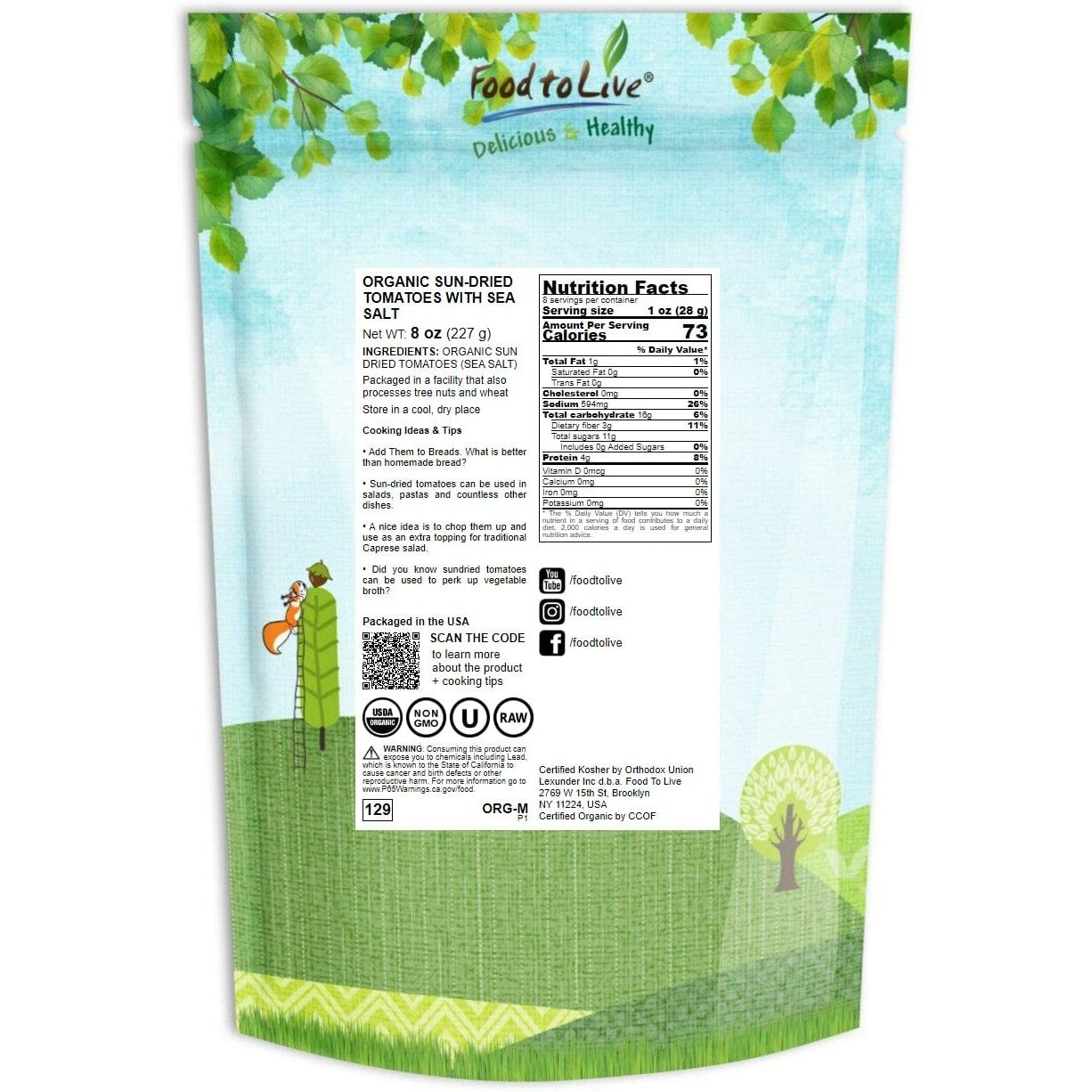 Food To Live Organic Sun-Dried Tomatoes, 8 Ounces Salted, Non-Gmo, Kosher, Vegan, Unsulfured, Bulk