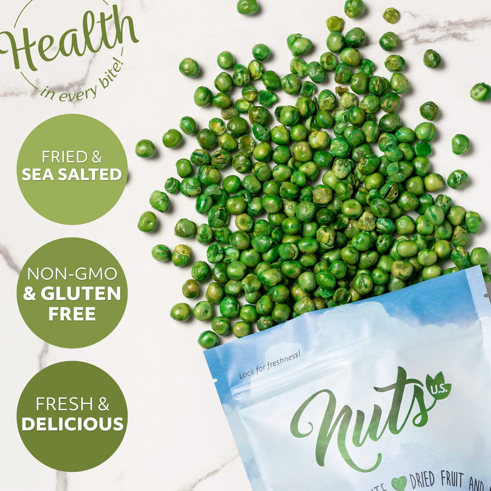 Nuts U.S. - Green Peas | Fried And Sea Salted| Non Gmo And Gluten Free | Fresh And Delicious | Green Peas In Resealable Bags (2 Lbs)