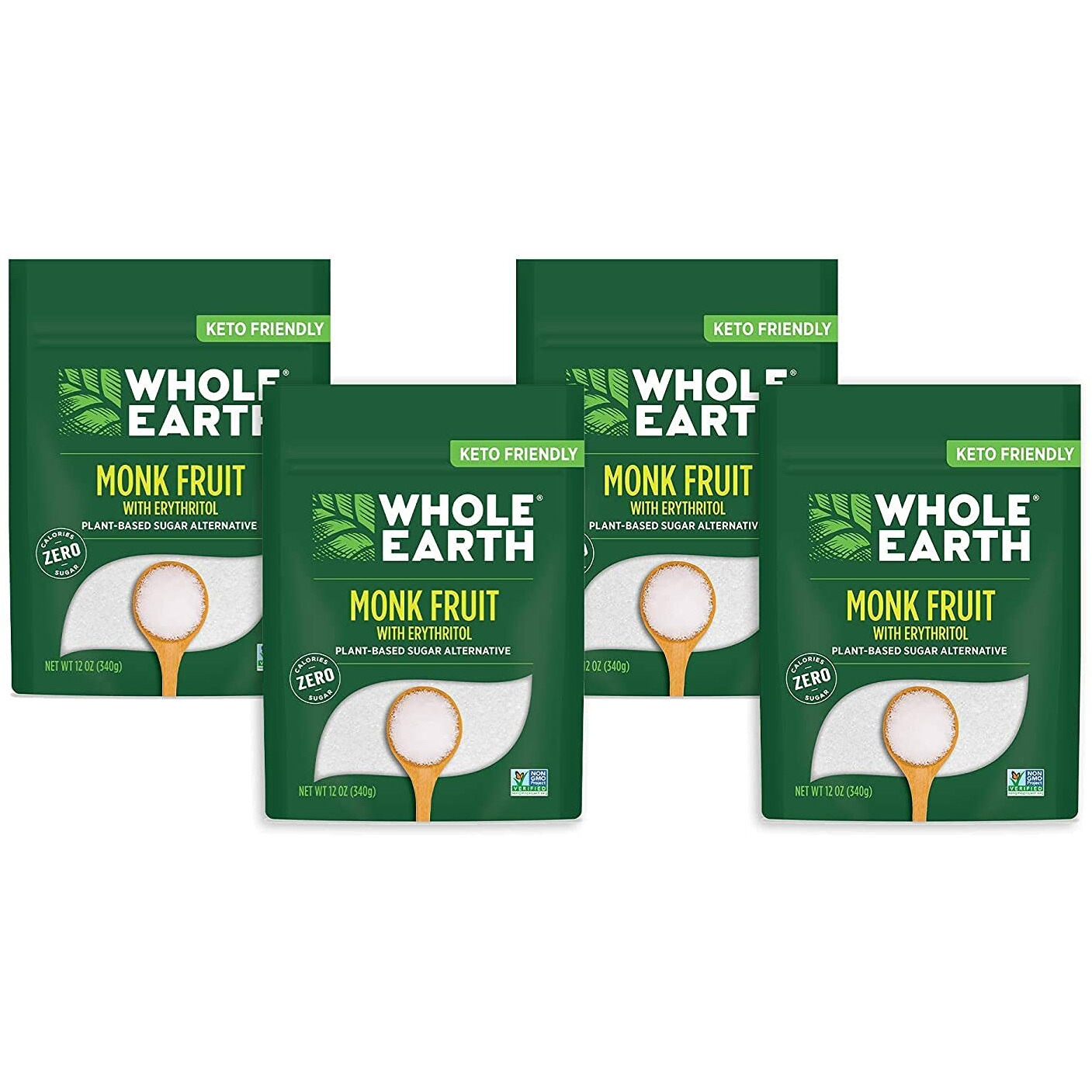 Whole Earth Sweetener Co. Monk Fruit Sweetener With Erythritol, Plant-Based Sugar Alternative, 12 Ounce (Pack Of 4)