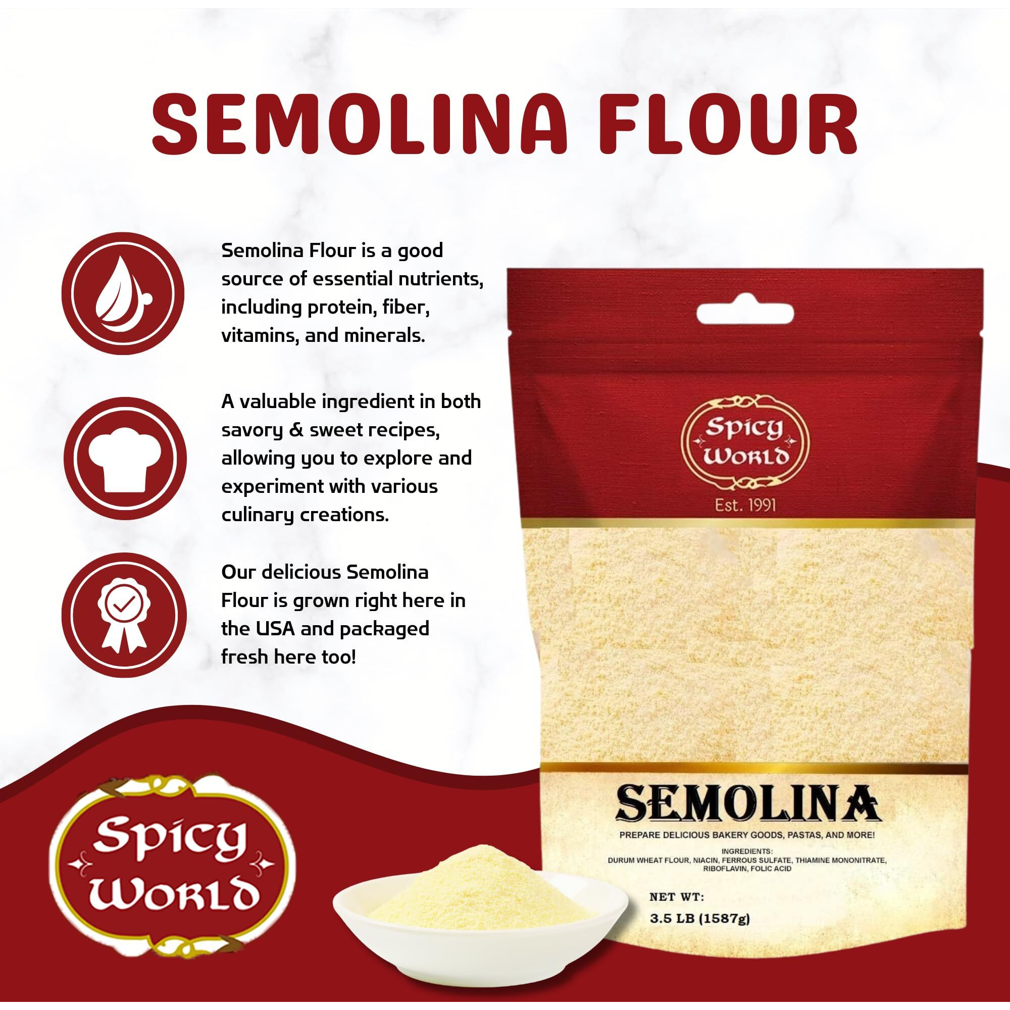 Spicy World Semolina Flour 3.5 Lb | Usa Grown Semolina Flour For Pizza, Fine Semolina Flour For Pasta, And Bread Making | Fine Ground, Bulk Yellow Durum Semola Flour For Pizza Peel