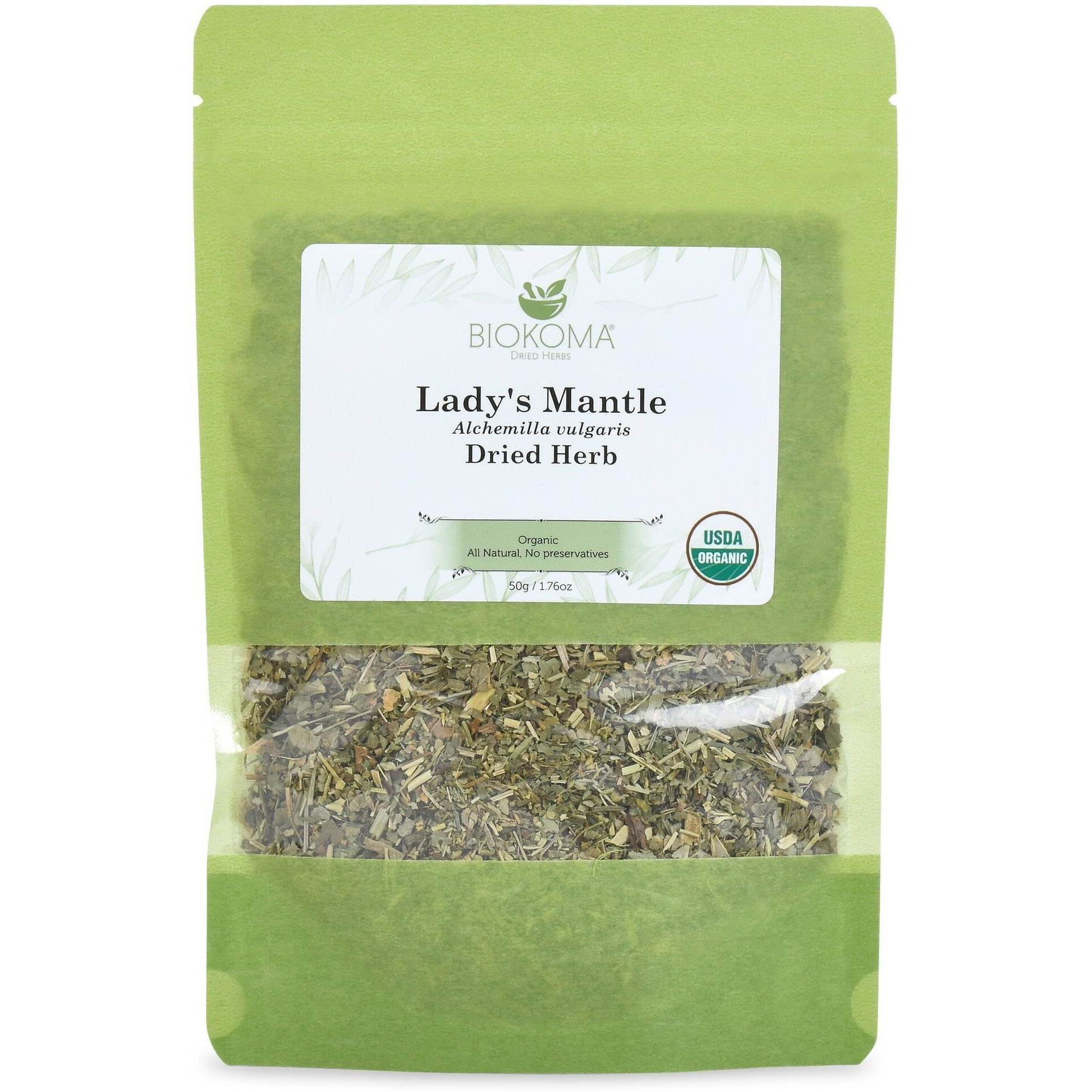 Biokoma Pure And Organic Lady's Mantle Dried Herb 50G (1.76Oz) In Resealable Moisture Proof Pouch, Usda Certified Organic - Herbal Tea, No Additives, No Preservatives, No Gmo, Kosher
