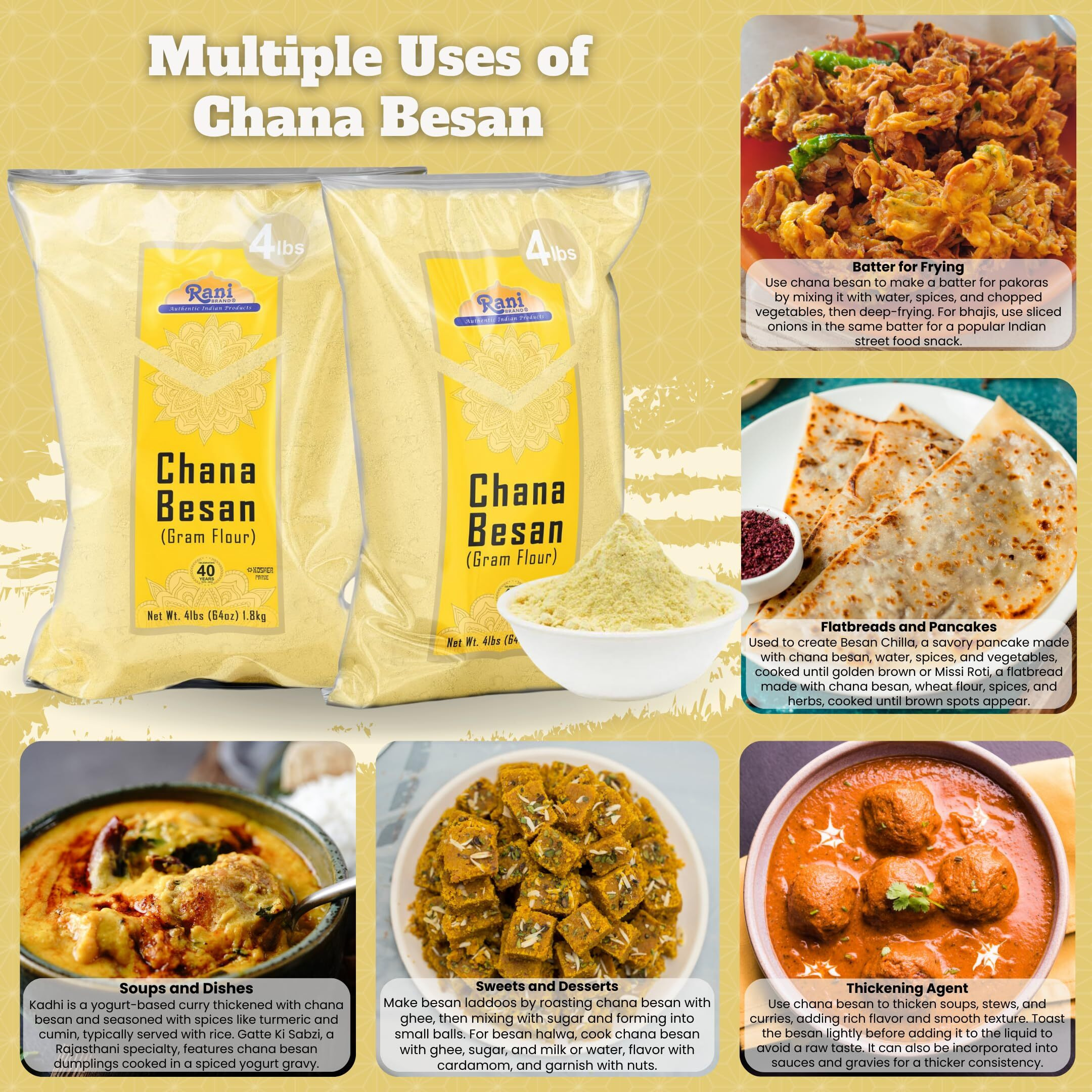 Rani Chana Besan (Chickpeas Flour, Gram) 64Oz (4Lbs) 1.81Kg Bulk ~ All Natural | Vegan | Gluten Friendly | Non-Gmo | Kosher | Indian Origin