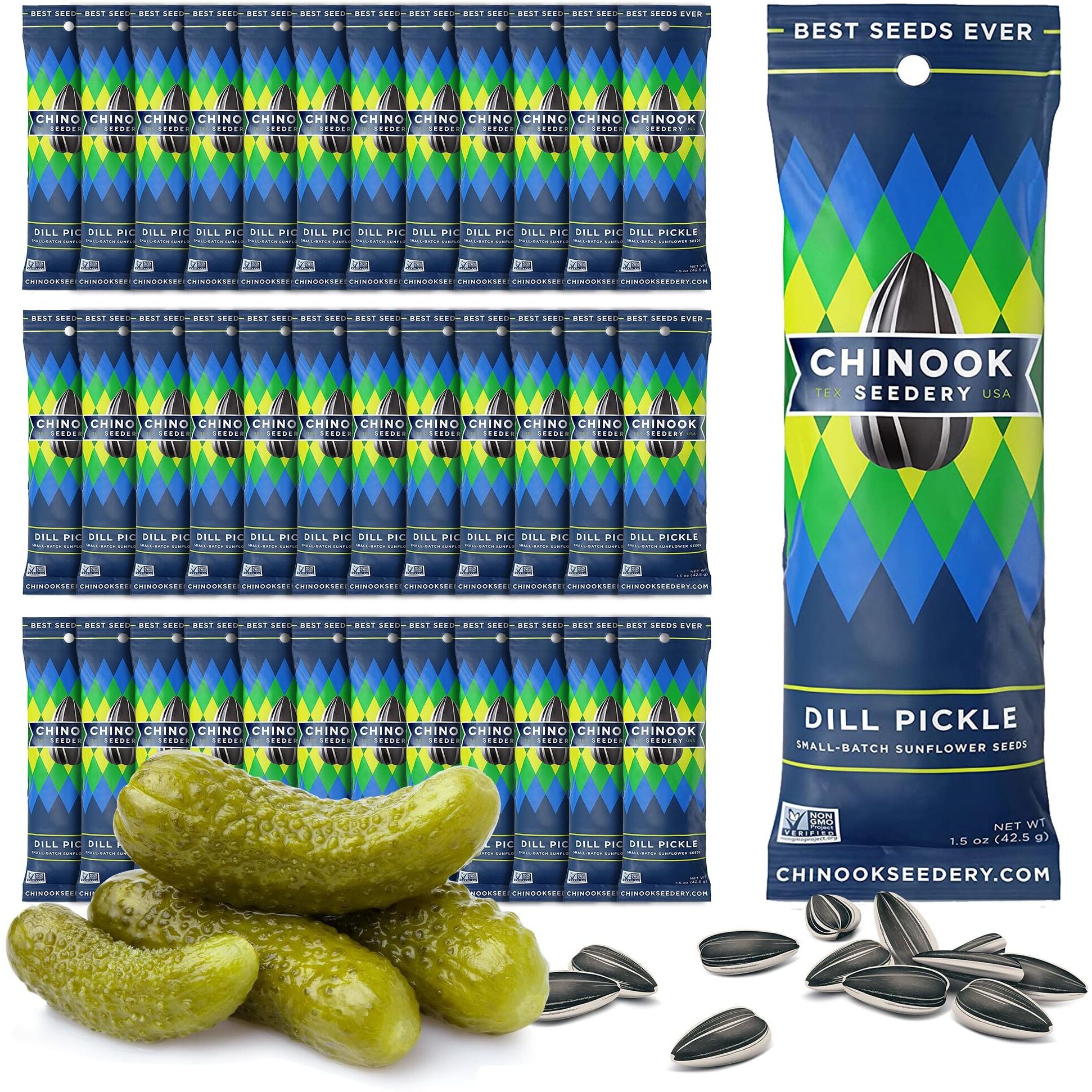 Chinook Seedery Roasted Sunflower Seeds To Eat - Jumbo Low Sodium Sunflower Seeds Keto Snacks - Adventure, Baseball, School Snacks - Gluten Free, Non Gmo Snacks - 1.5 Oz (Pack Of 36) Dill Pickle