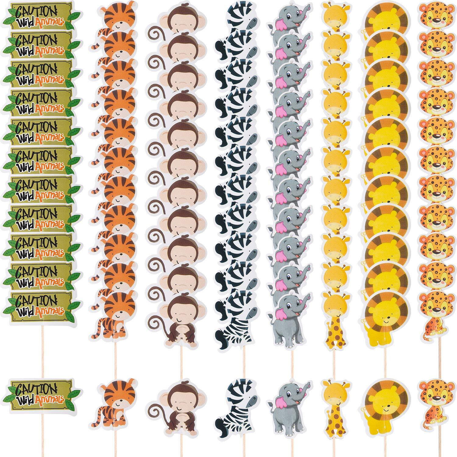 96 Pieces Safari Cupcake Toppers Jungle Animal Cupcake Picks Tiger Zebra Monkey Leopard Elephant Giraffe Lion Toothpicks Zoo Theme Cake Decorations For Baby Shower Birthday Party Favors Supplies